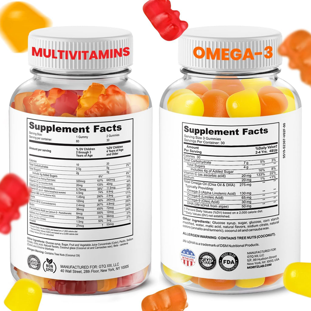 DR. MORITZ Pack de Gominolas Omega 3 (90 uds) y Multivitamínicas para Niños (60 uds) - Vegano, Sin OMG, Apoyo Diario