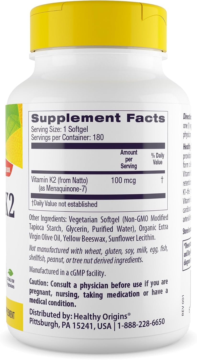 Healthy Origins Vitamina K2 100 mcg (MK-7, No OGM, Sin Gluten, Apoyo Cardiovascular y Óseo), 180 Cápsulas Vegetales