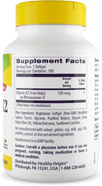 Healthy Origins Vitamina K2 100 mcg (MK-7, No OGM, Sin Gluten, Apoyo Cardiovascular y Óseo), 180 Cápsulas Vegetales