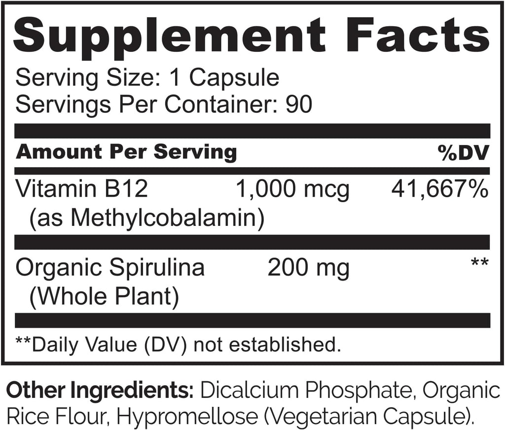 NATURELO Vitamina B12 Vegana - Metilcobalamina 1000 mcg con Espirulina Orgánica - 90 Cápsulas (Pack de 2)