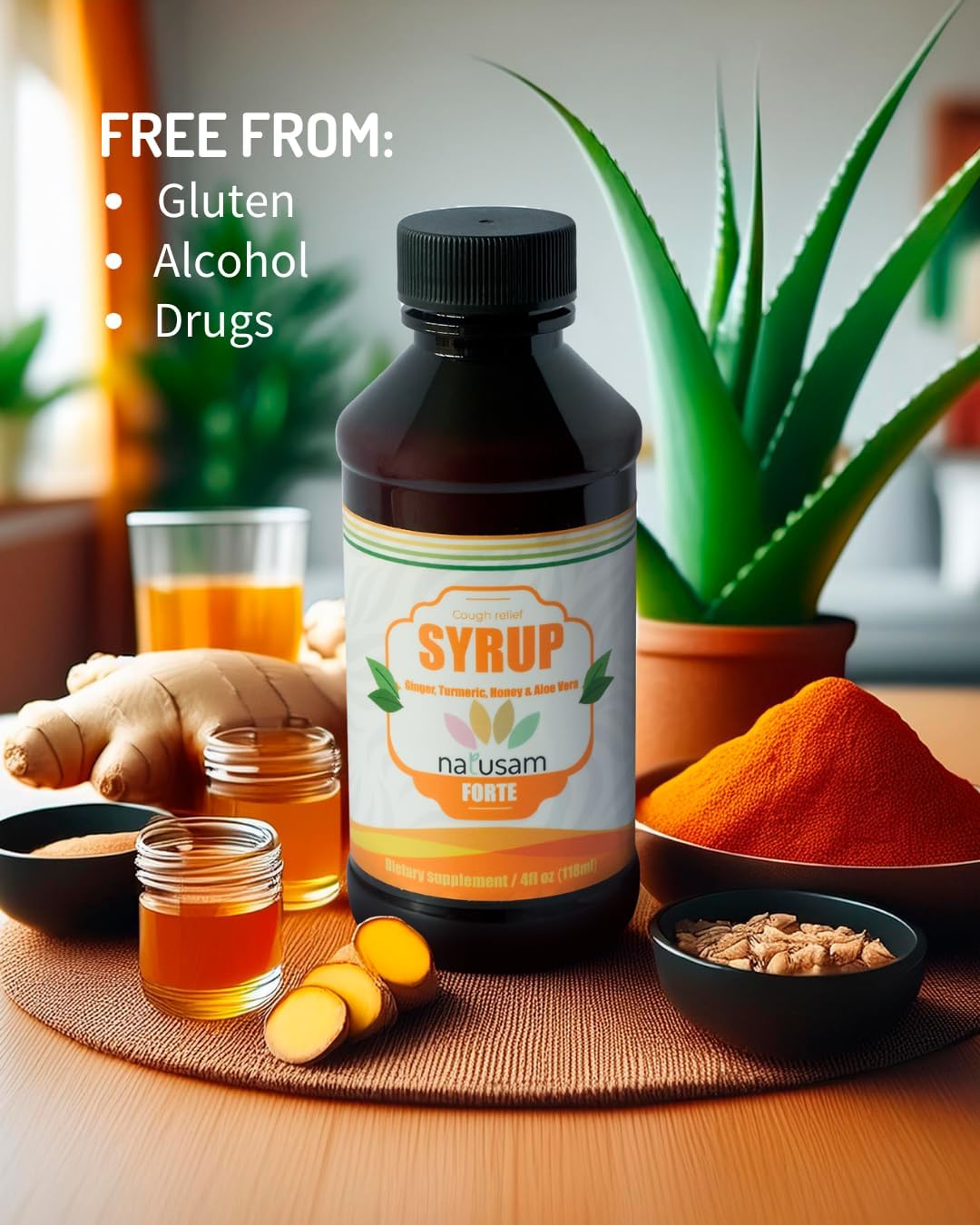 NATUSAM Suplemento Natural de Cúrcuma, Miel, Jengibre y Aloe Vera - Sabor Especiado Exótico - 118 ml