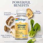 SOLARAY Vitamina D3 K2, Suplemento de Vitamina D3 y K2 para la Absorción de Calcio, Salud Ósea y Apoyo Inmunológico, Sin Soja, 60 Cápsulas Veganas