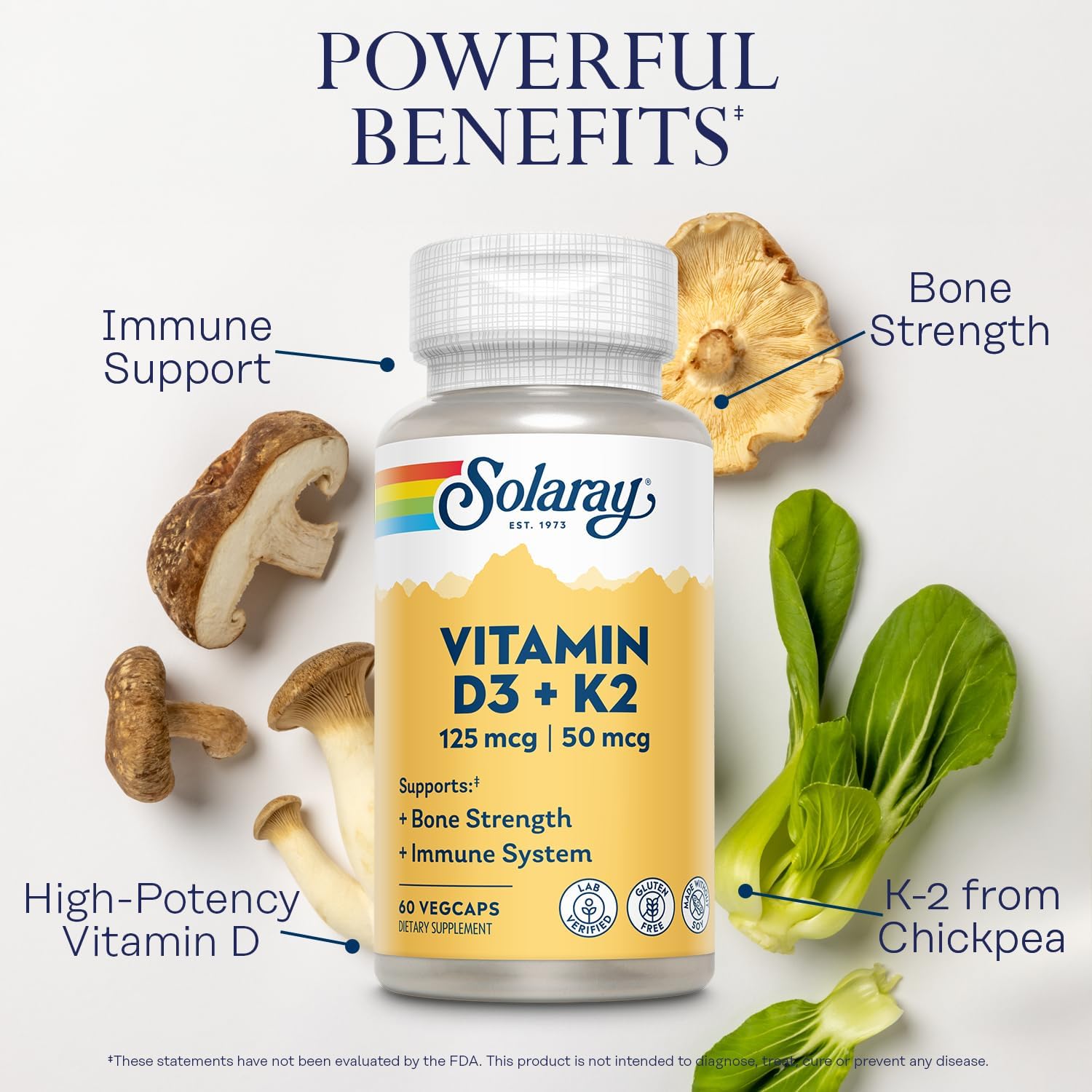 SOLARAY Vitamina D3 K2, Suplemento de Vitamina D3 y K2 para la Absorción de Calcio, Salud Ósea y Apoyo Inmunológico, Sin Soja, 60 Cápsulas Veganas
