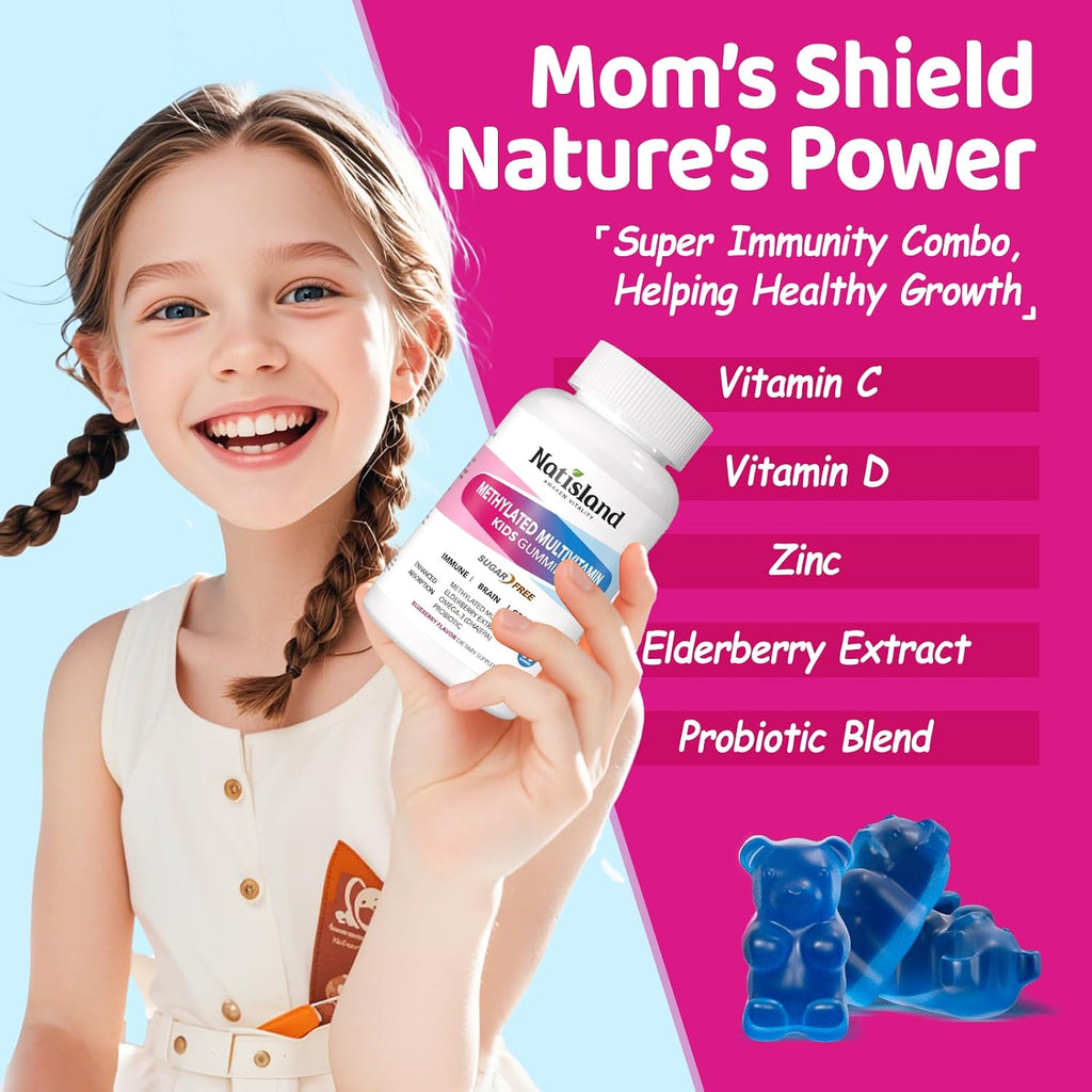 Multivitamínico Metilado para Niños 4+ - MTHFR, L-Metilfolato, B12, Omega-3 Vegano, Zinc, Probióticos - Sin Azúcar - NATISLAND