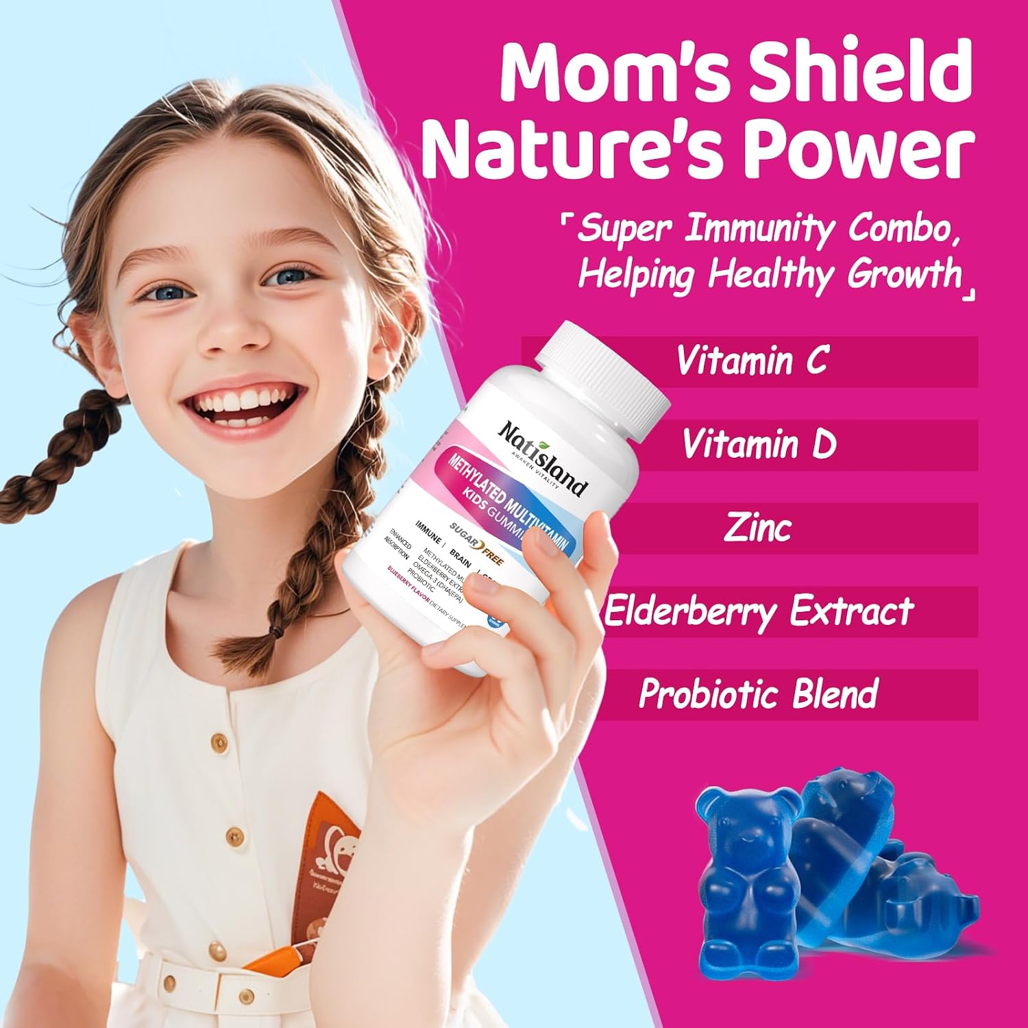 Multivitamínico Metilado para Niños 4+ - MTHFR, L-Metilfolato, B12, Omega-3 Vegano, Zinc, Probióticos - Sin Azúcar - NATISLAND