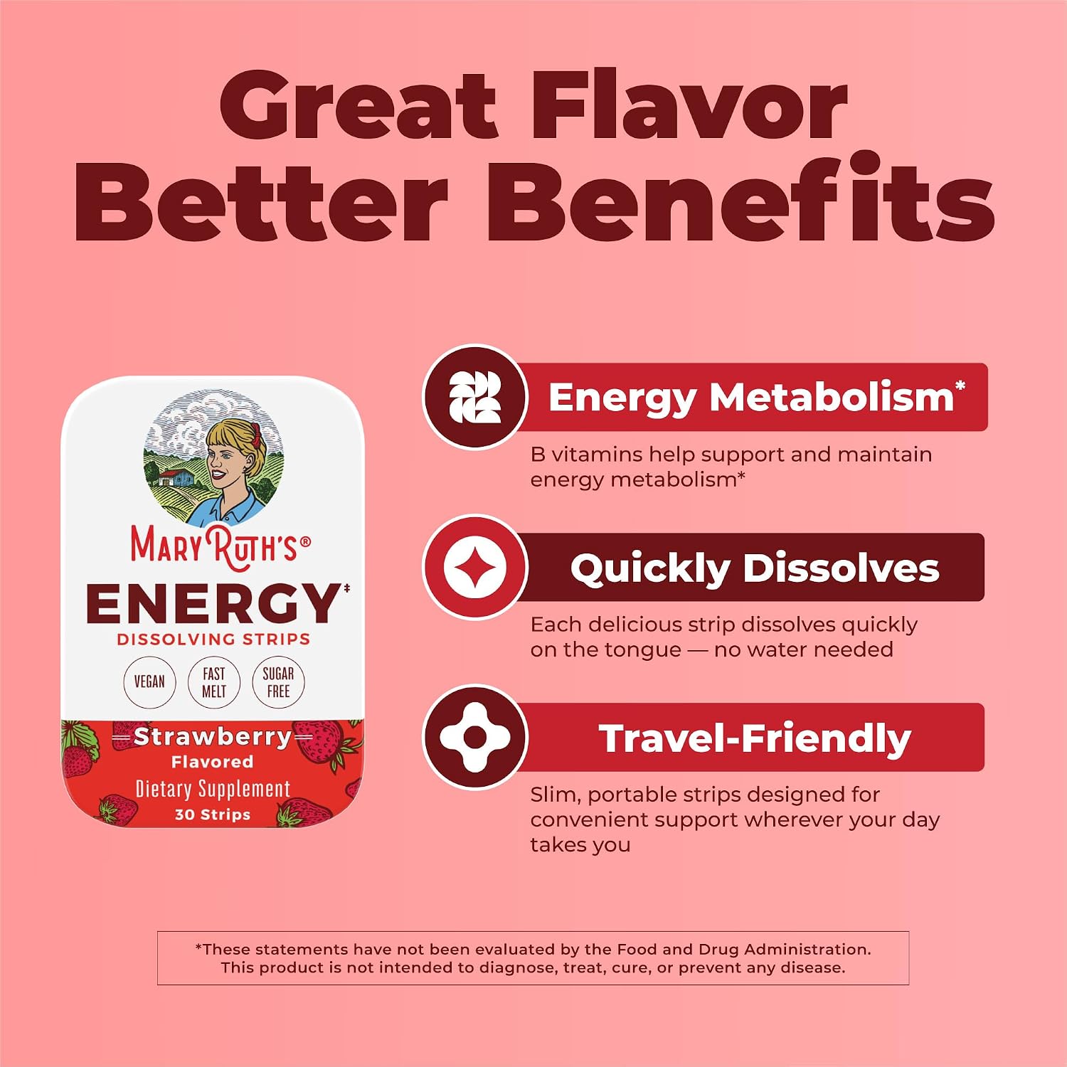MaryRuth's Energy Dissolving Strips | B Vitamin Complex | Energy Metabolism | Vitamin B12 | Green Coffee Seed Extract | L Theanine | Strawberry Flavor | Vegan | Sugar Free | Gluten Free | 30 Count
