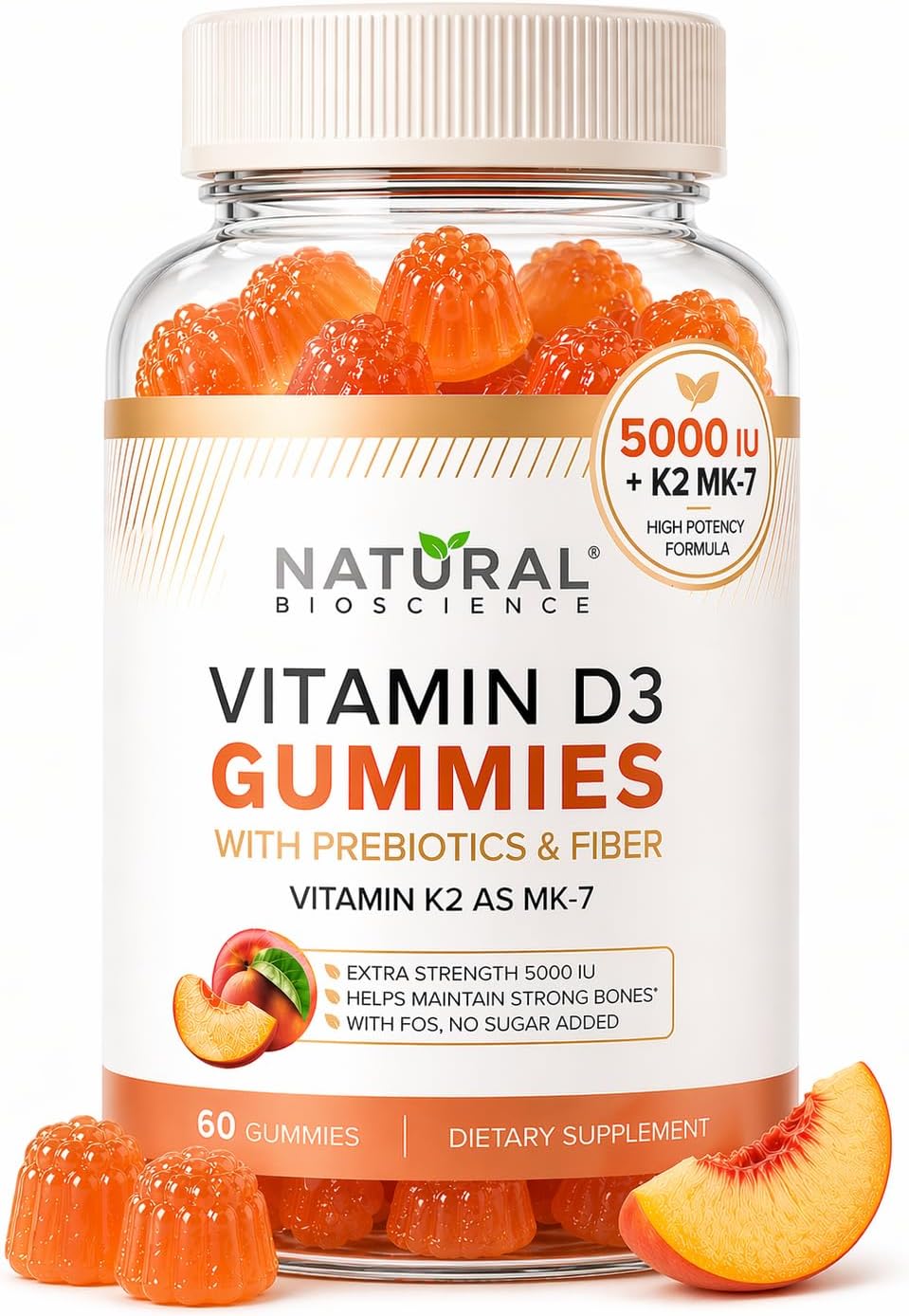 Gominolas de Vitamina D3 y K2 Sin Azúcar - 5000 UI D3 + 80 mcg K2 MK7 - Natural BioScience