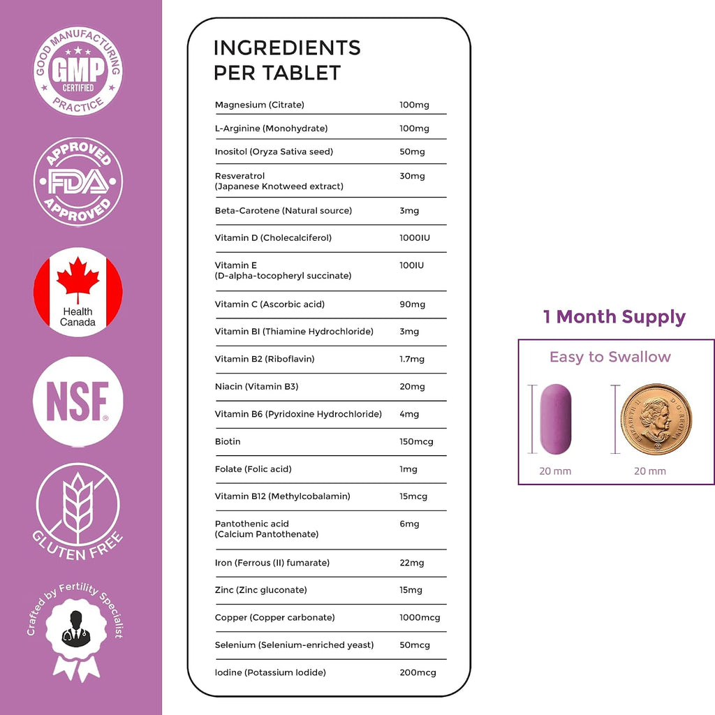 MedFertil Fertility Support – Vitaminas prenatales con hierro, Myo-Inositol, ácido fólico y vitaminas B, 30 comprimidos
