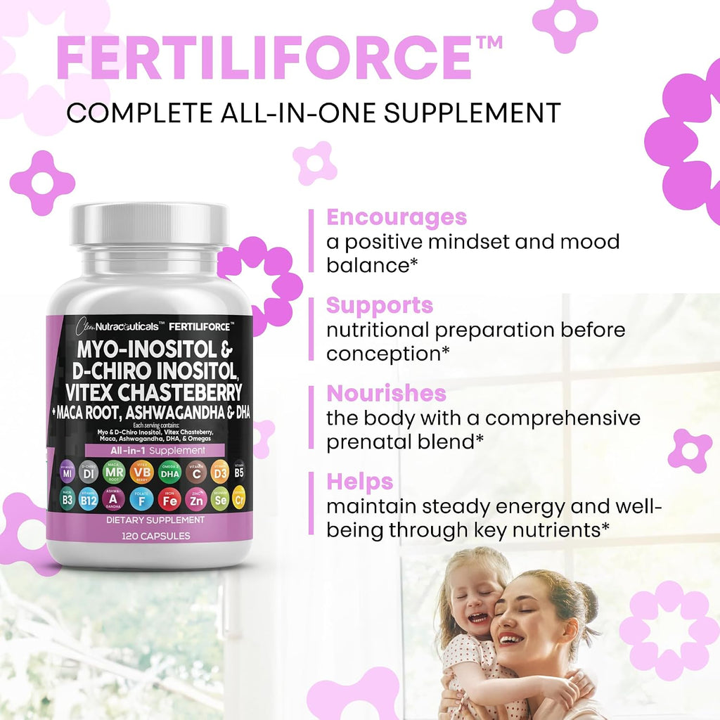 Clean Nutraceuticals Myo-Inositol & D-Chiro Inositol 2050mg - Suplemento de Fertilidad 40:1 con Ashwagandha, Maca, Vitex, DHA y Vitaminas (2 Paquetes)