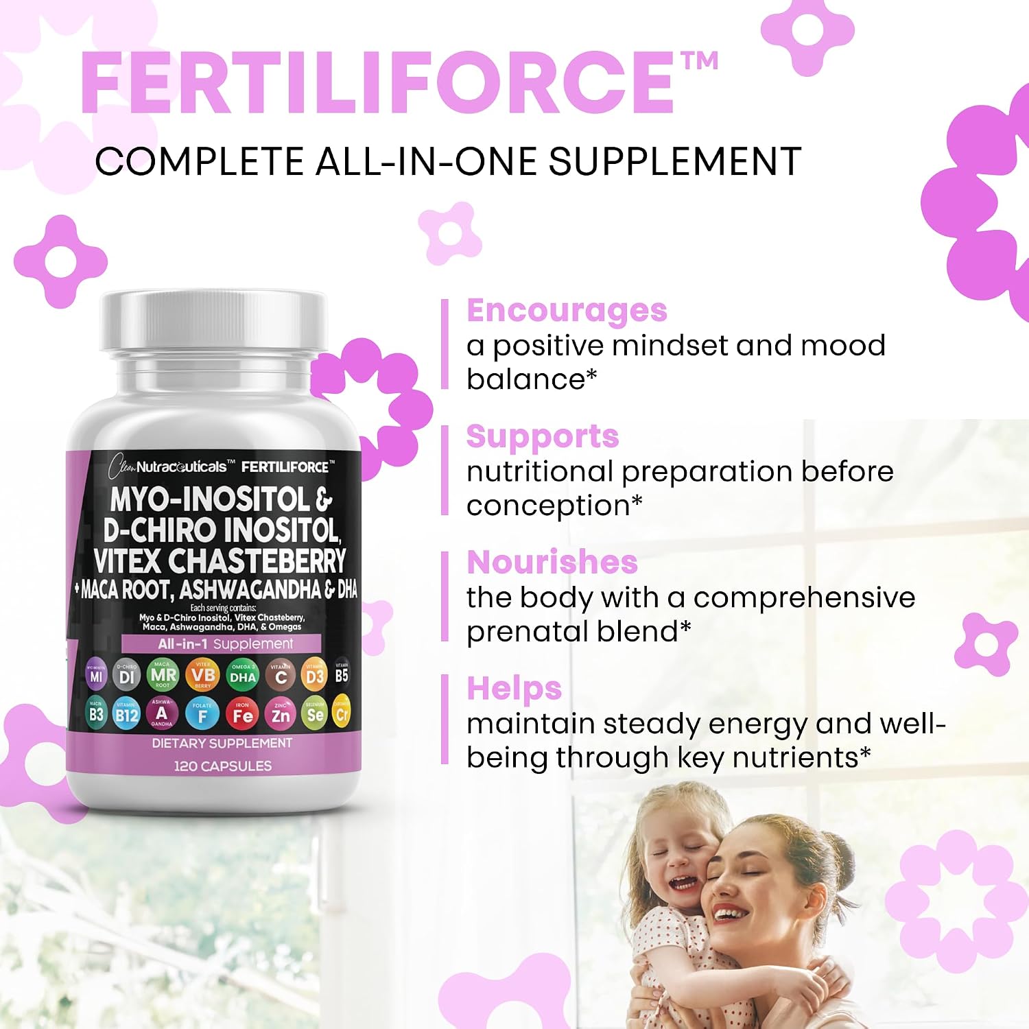 Clean Nutraceuticals Myo-Inositol & D-Chiro Inositol 2050mg - Suplemento de Fertilidad 40:1 con Ashwagandha, Maca, Vitex, DHA y Vitaminas (2 Paquetes)