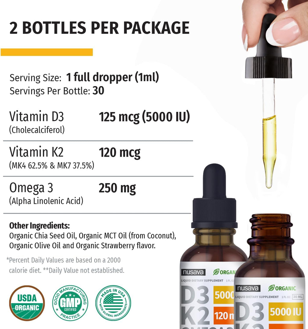 NUSAVA Vitamina D3 K2 Líquida Orgánica con Omega-3 - 5000 UI D3, 120 mcg K2 - 2 Pack (60 ml cada uno) Sabor Fresa