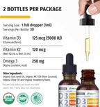 NUSAVA Vitamina D3 K2 Líquida Orgánica con Omega-3 - 5000 UI D3, 120 mcg K2 - 2 Pack (60 ml cada uno) Sabor Fresa