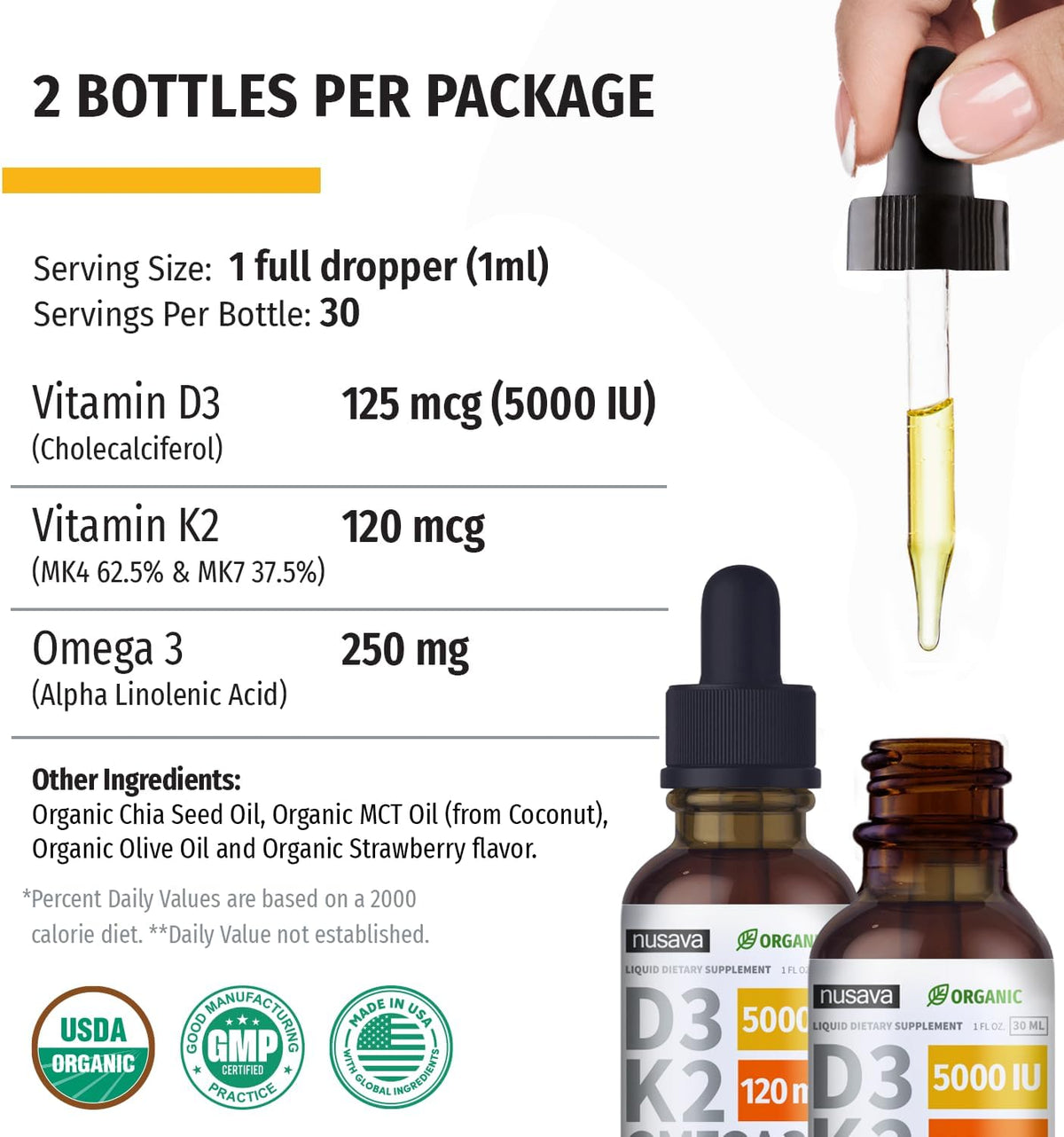 NUSAVA Vitamina D3 K2 Líquida Orgánica con Omega-3 - 5000 UI D3, 120 mcg K2 - 2 Pack (60 ml cada uno) Sabor Fresa – Image 6