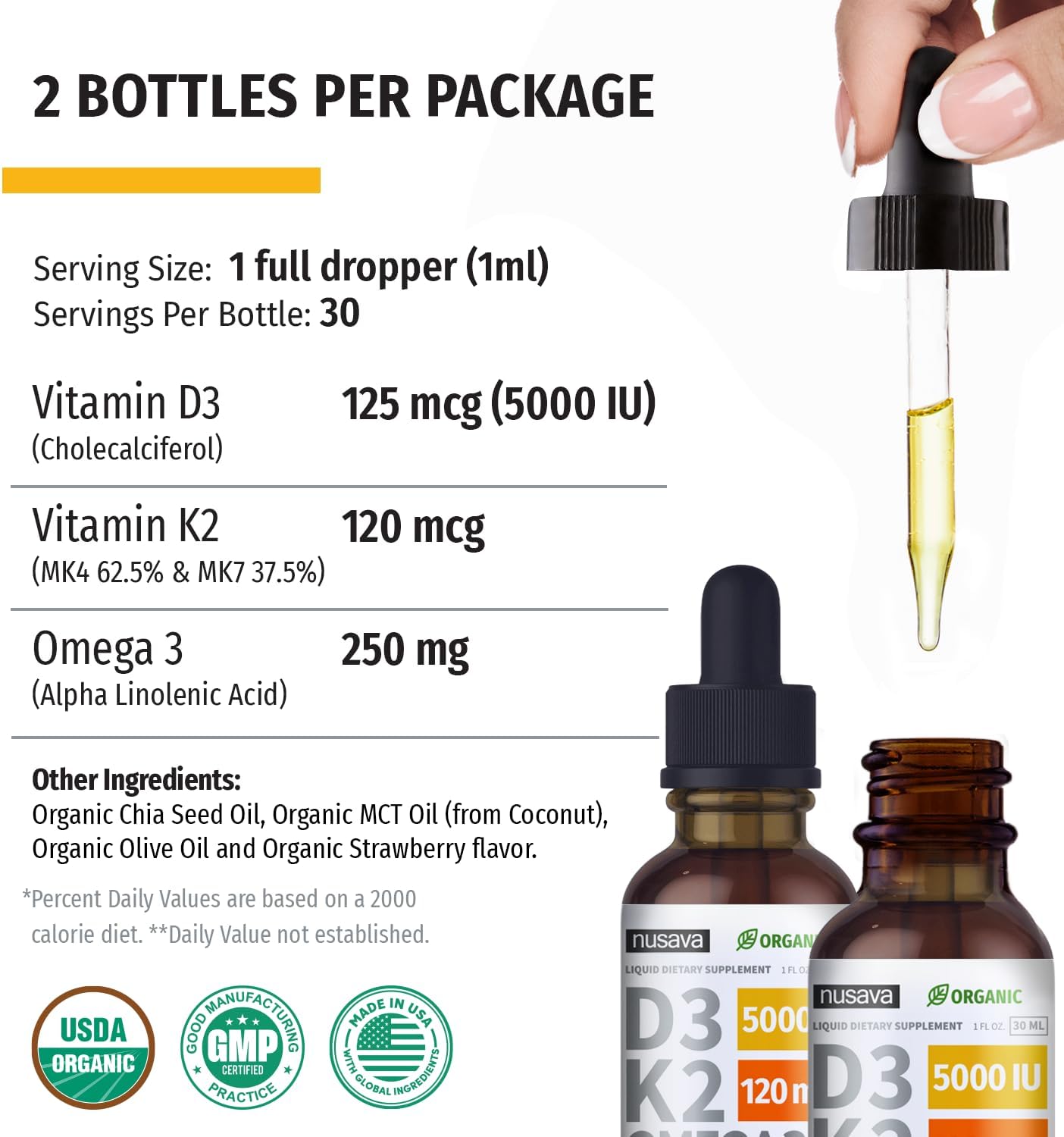 NUSAVA Vitamina D3 K2 Líquida Orgánica con Omega-3 - 5000 UI D3, 120 mcg K2 - 2 Pack (60 ml cada uno) Sabor Fresa