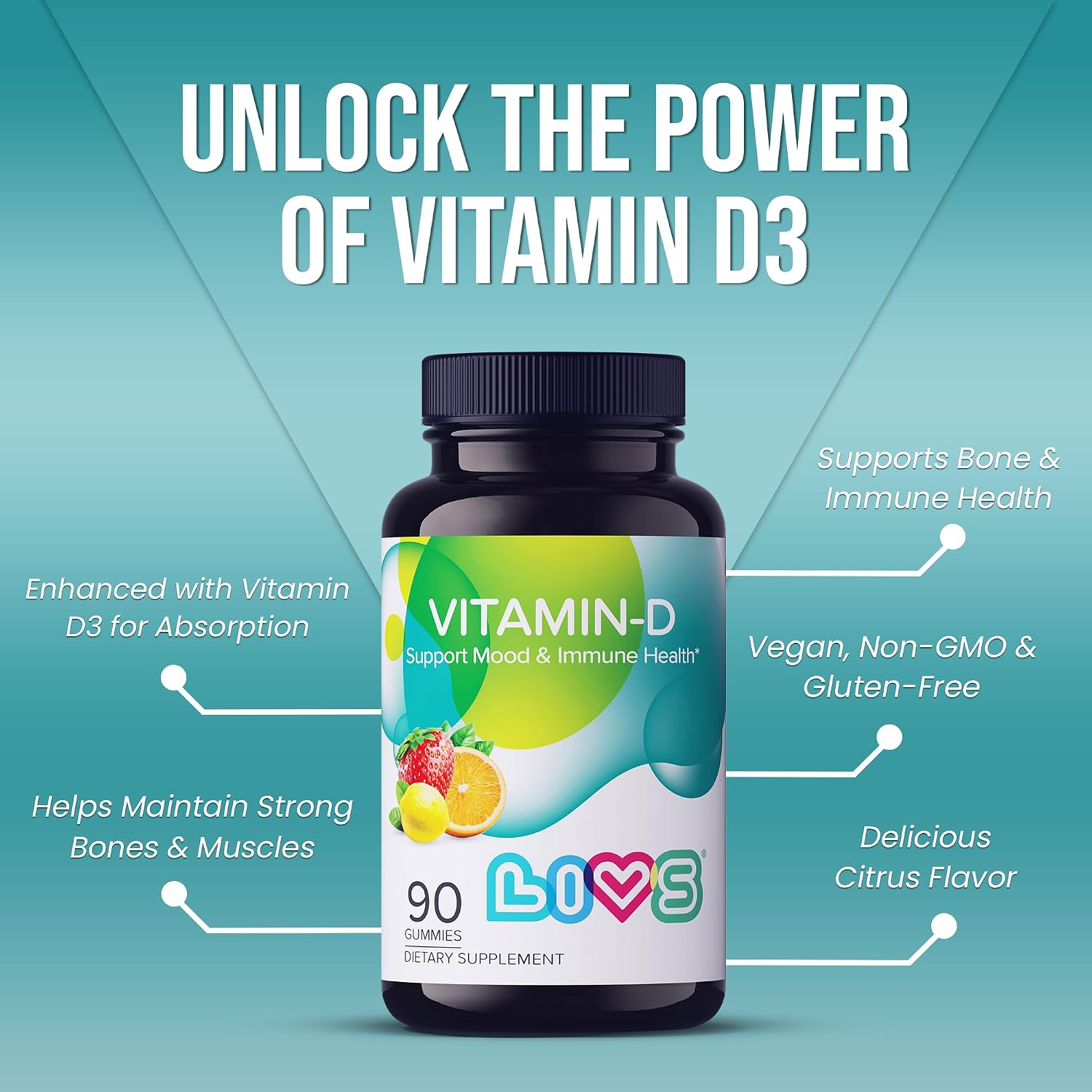 LIVS Vitamina D3 2000 IU Gominolas - Apoyo Inmunitario y Óseo - 90 Unidades