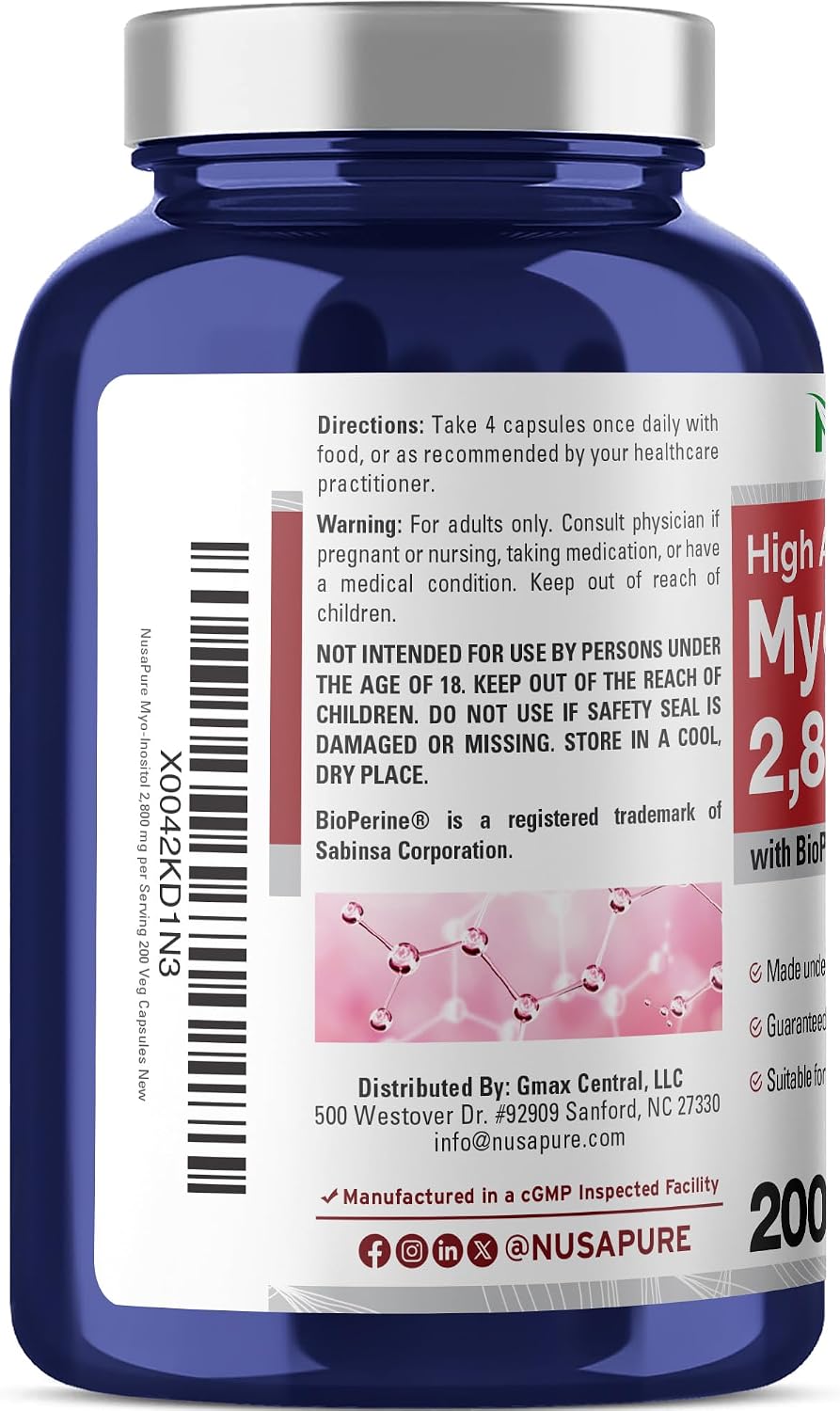 NusaPure Myo-Inositol 2800 mg con BioPerina - 200 Cápsulas Veganas