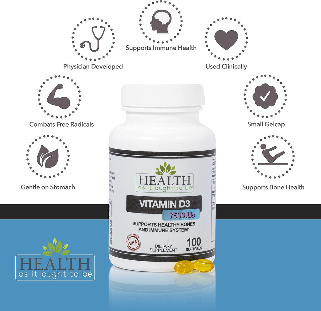 Health As It Ought To Be Vitamina D3 7500 UI (188 mcg) - 100 Cápsulas Blandas