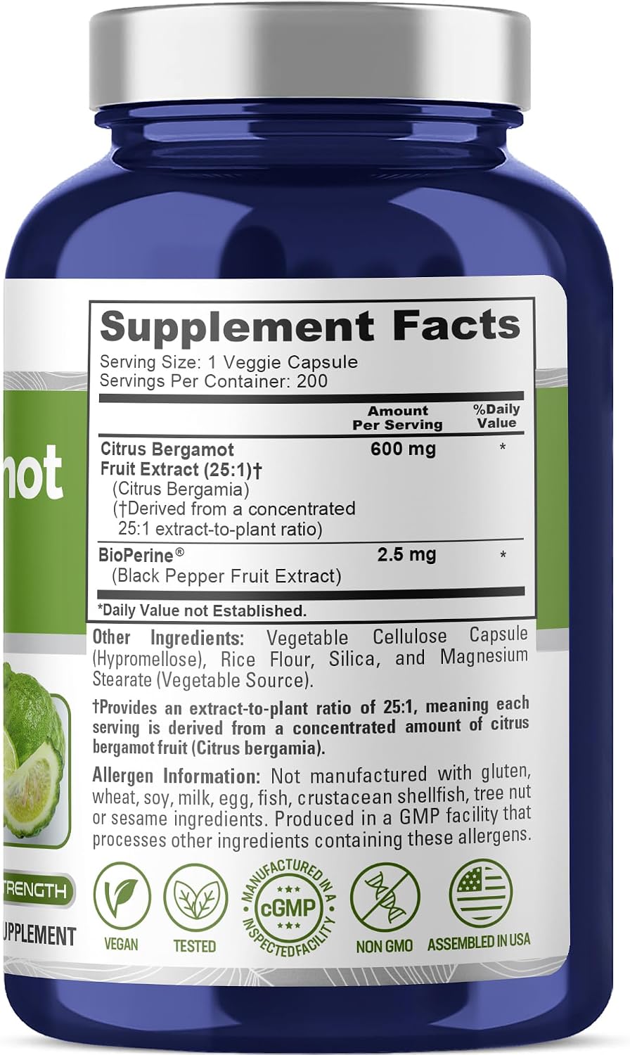 NusaPure Cápsulas de Bergamota Cítrica 600 mg, 200 Cápsulas Veganas (No-GMO, Vegano)