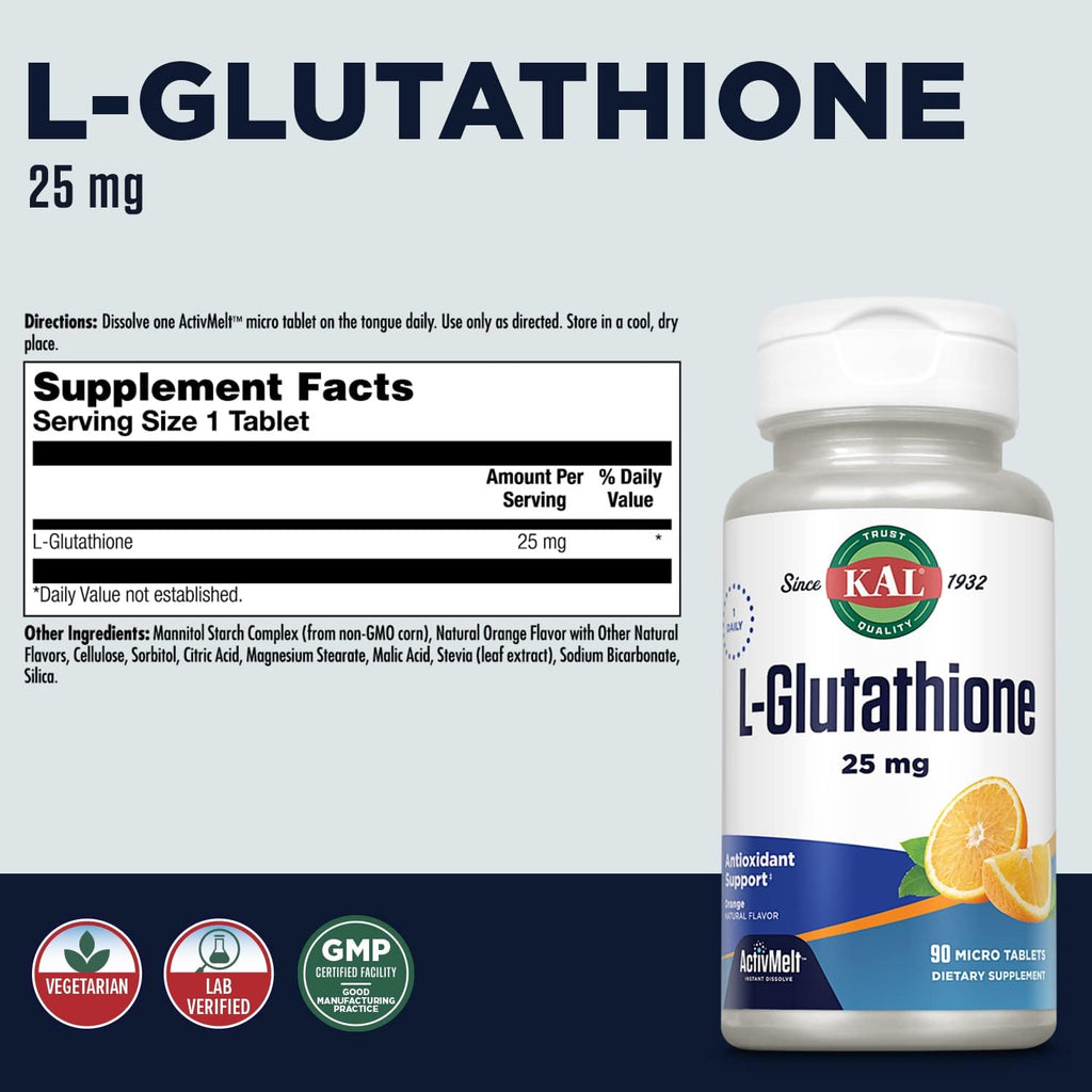 KAL Reduced Glutathione 90 ActivMelt Tablets, High Absorption Antioxidant, Orange Flavor, Vegetarian