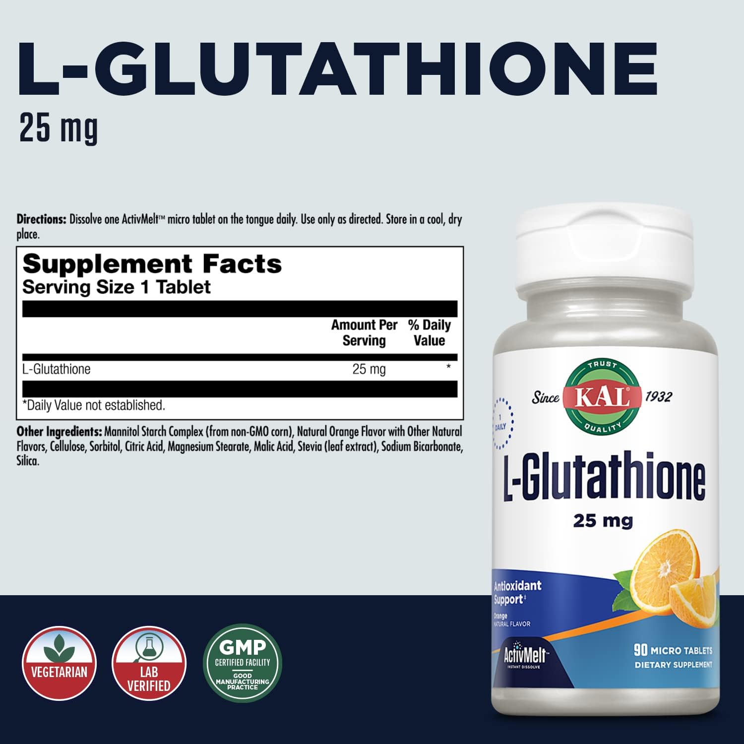 KAL Reduced Glutathione 90 ActivMelt Tablets, High Absorption Antioxidant, Orange Flavor, Vegetarian