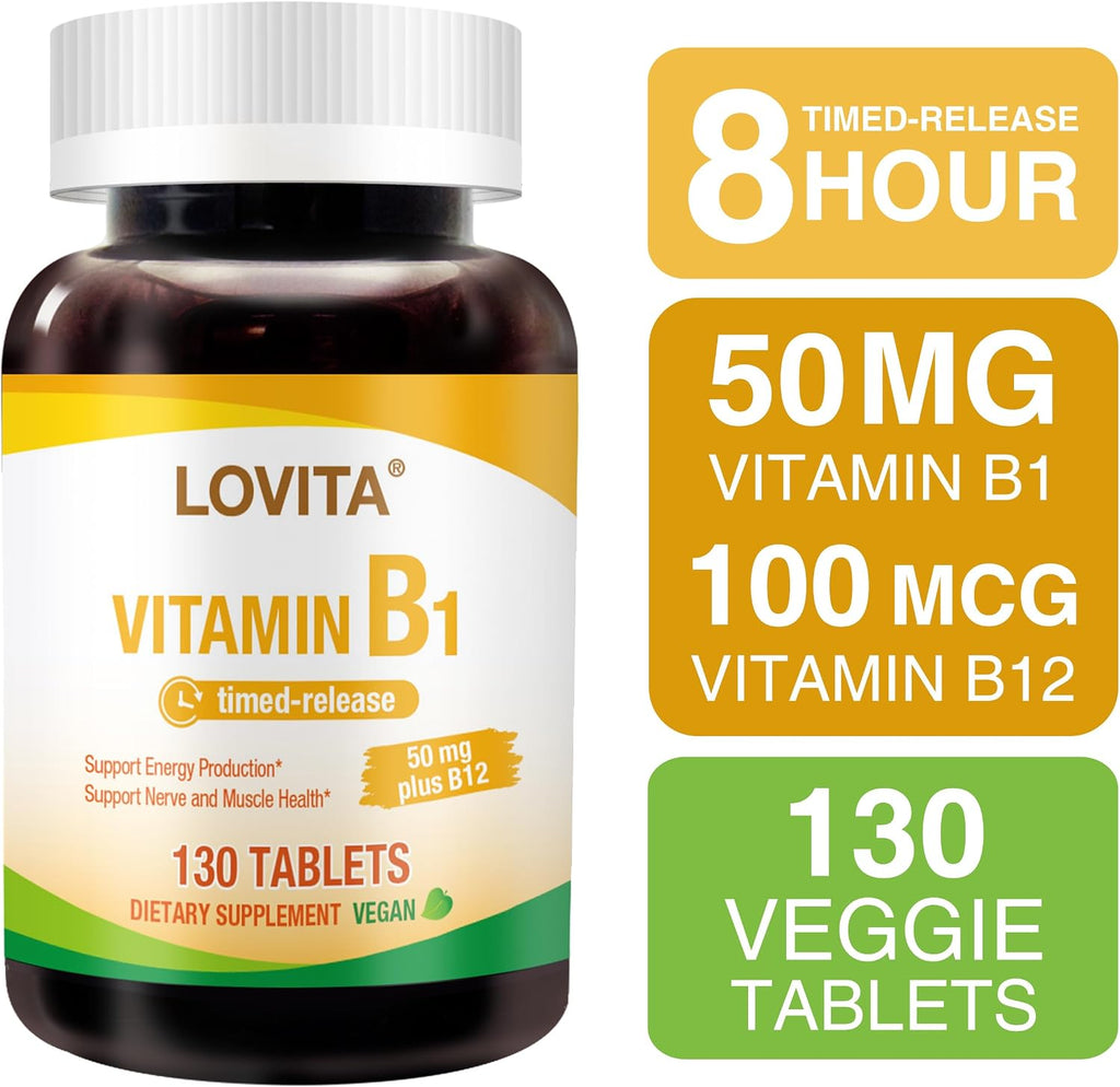 LOVITA Vitamina B1 (Tiamina) 50mg, Liberación Prolongada 8h, con Vitamina B12 100mcg, Apoyo al Metabolismo y Salud Nerviosa, 130 Comprimidos Veganos