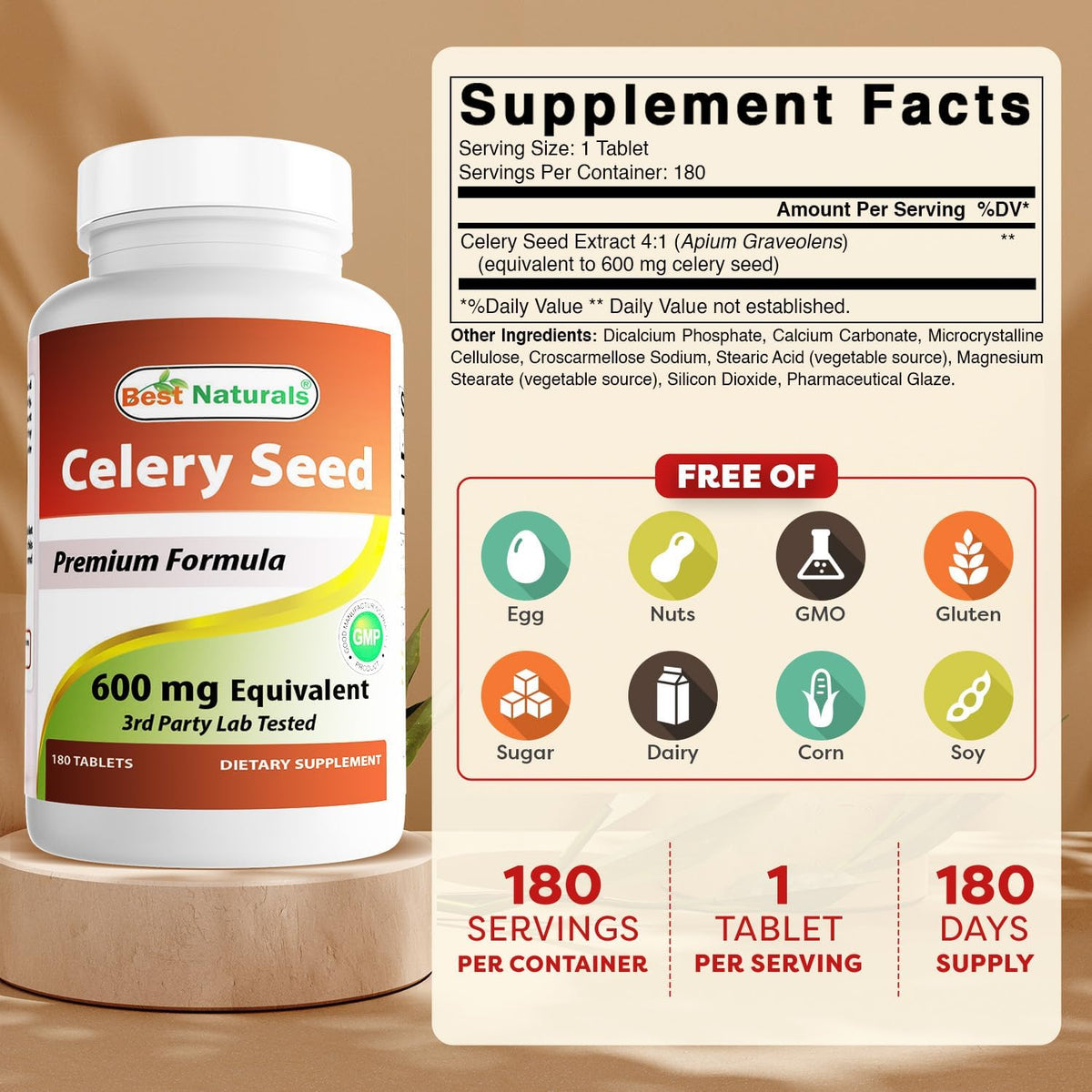 Best Naturals Semilla de Apio 600 mg, 180 – Sin gluten , apto para celíacos. – Image 2