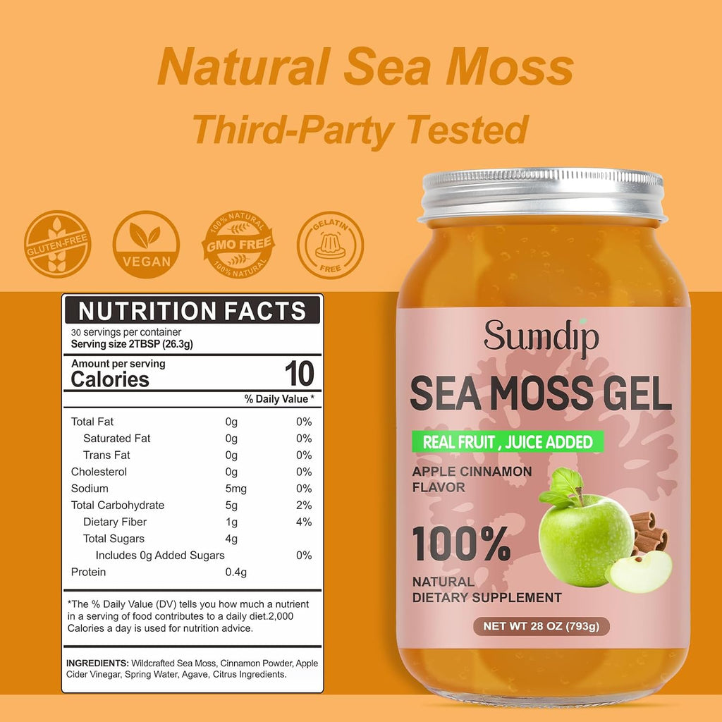 SumDIP Gel de Musgo Marino (28 oz) - Vegano, Irlandés, Apoyo Inmunológico y Digestivo, Sabor Manzana Canela