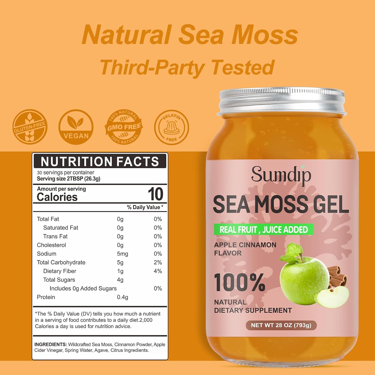 SumDIP Gel de Musgo Marino (28 oz) - Vegano, Irlandés, Apoyo Inmunológico y Digestivo, Sabor Manzana Canela