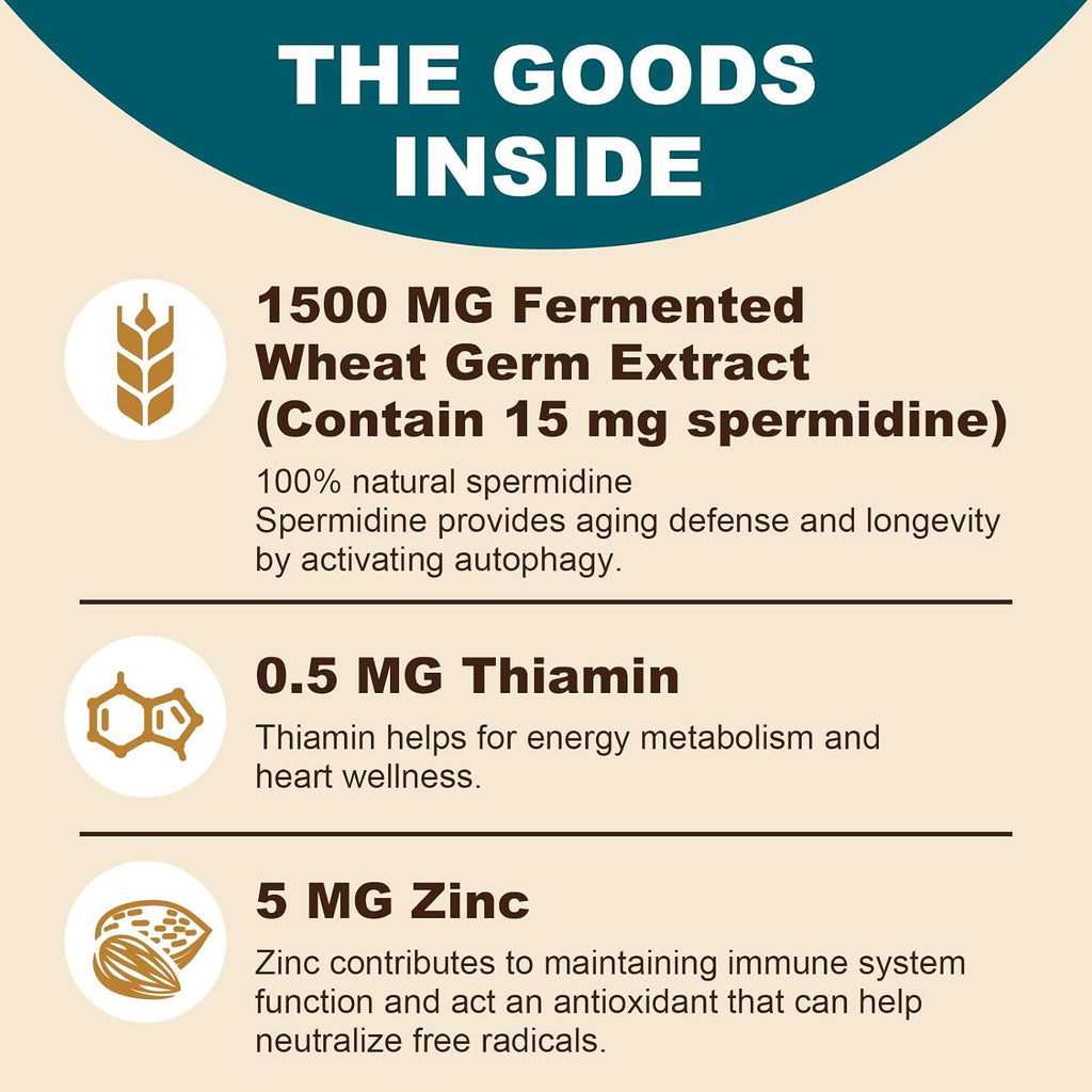 Spermidina 15 mg – 99% Pureza, Alta Absorción – 1500 mg Extracto de Germen de Trigo Fermentado con Zinc y Tiamina – 60 Softgels