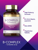 Complejo B con B12 de Carlyle | 300 Comprimidos | Fórmula de Alta Potencia | Suplemento Vegetariano y No-GMO