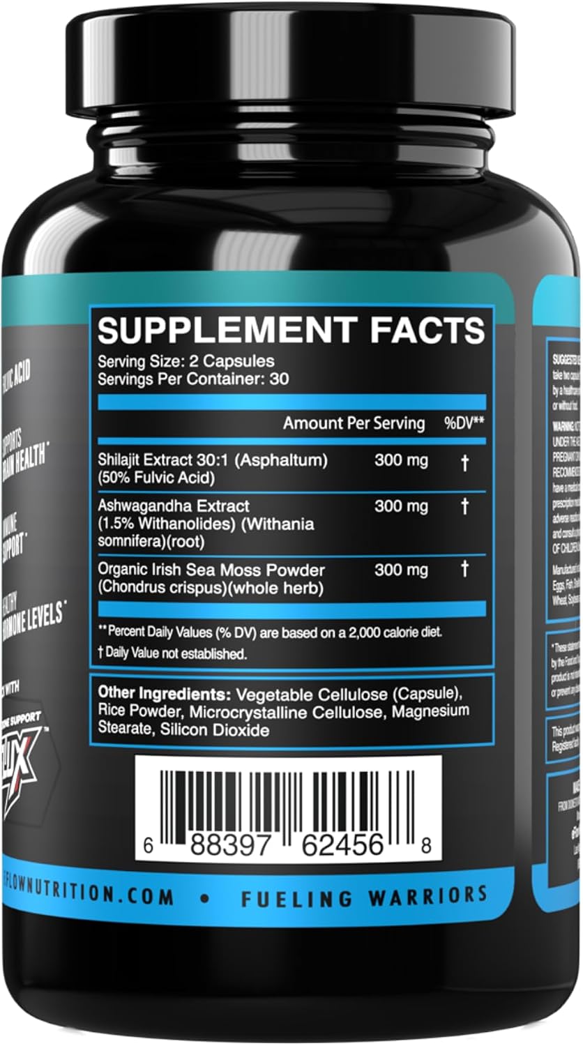 eFlow Nutrition Shilajit Cápsulas, Ashwagandha y Sea Moss - 3 en 1 - 60 Cápsulas