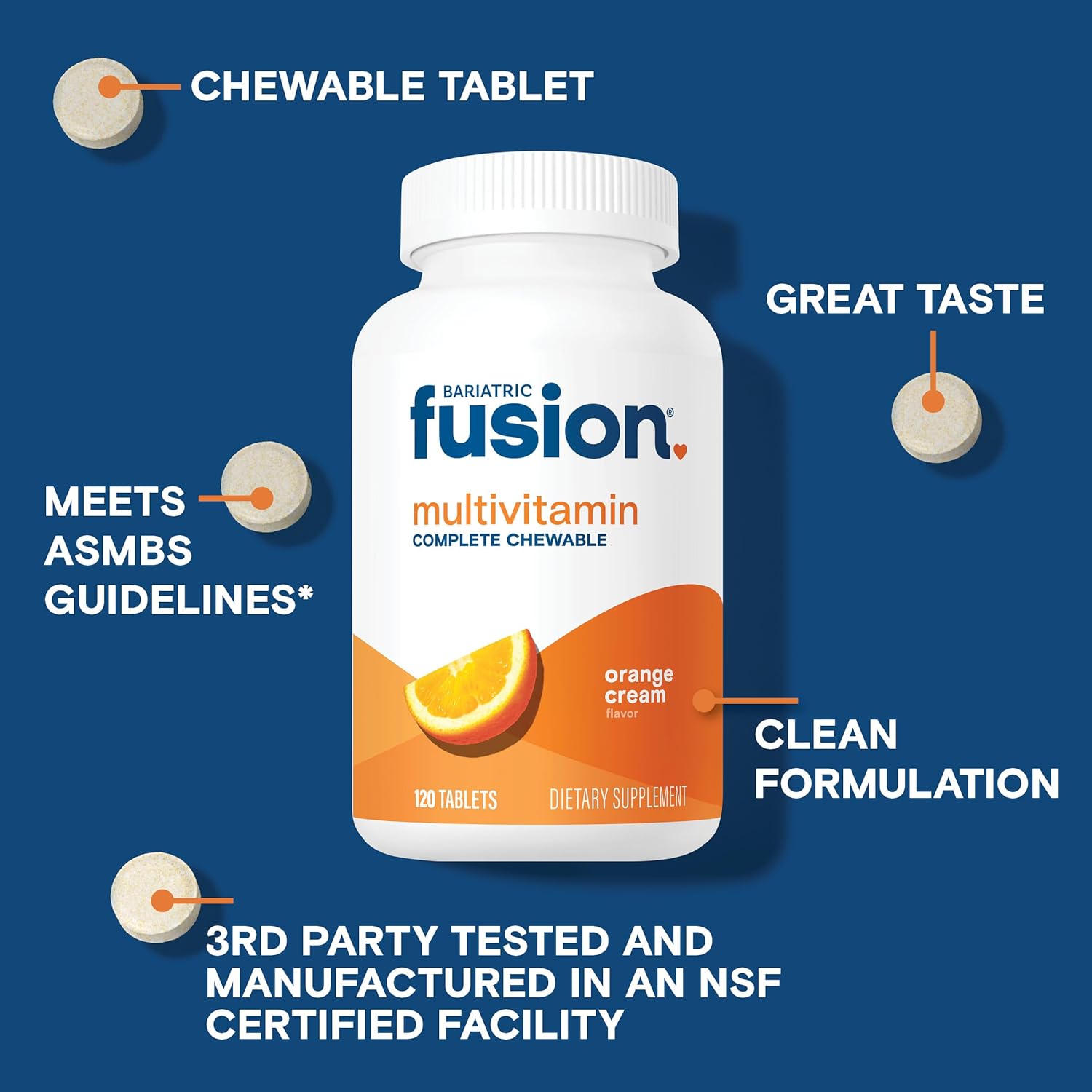 Bariatric Fusion Multivitamínico Masticable con Hierro Sabor Crema de Naranja - 120 Comprimidos
