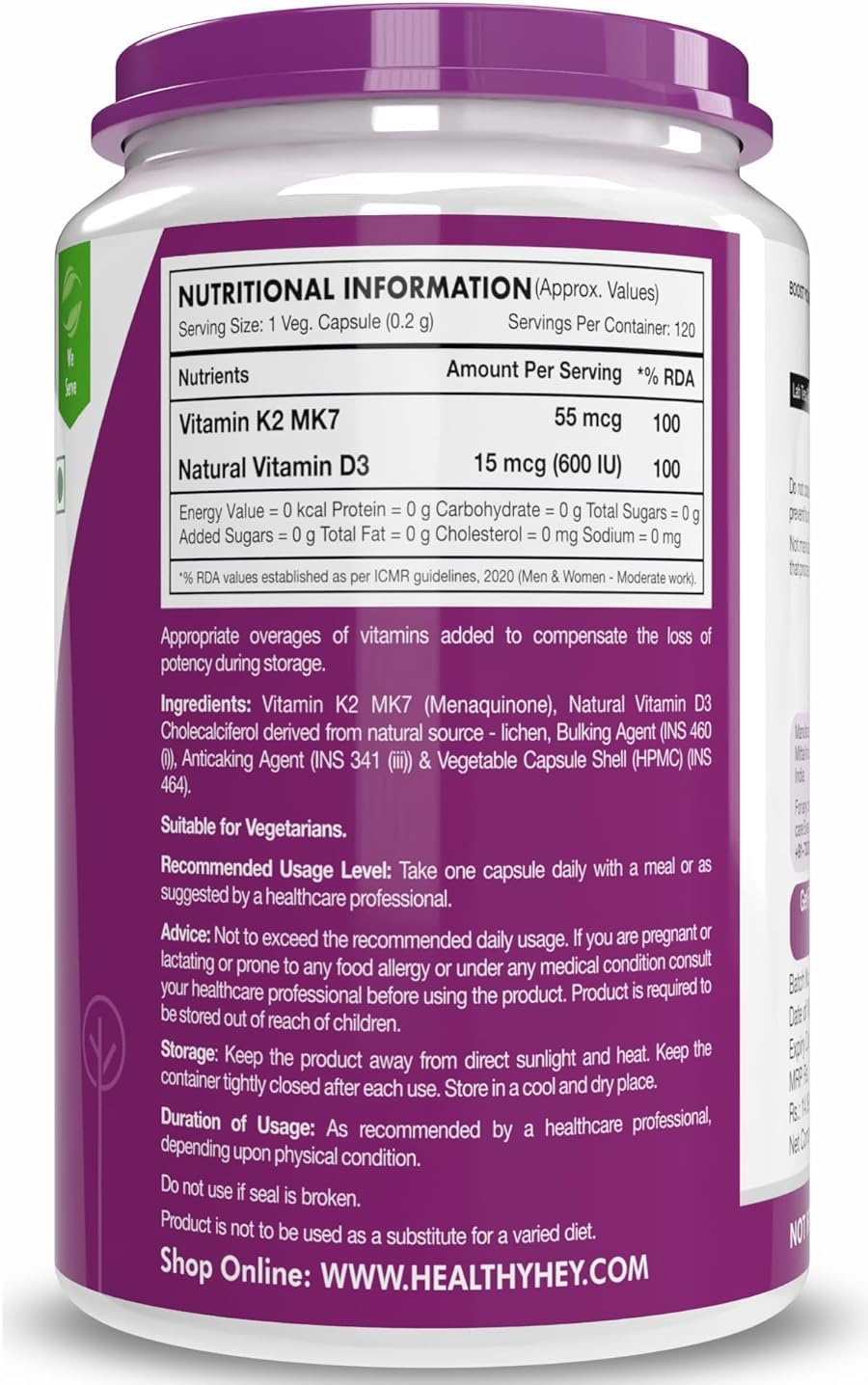 Natural Vitamin K2 + Natural D3 - Non-GMO | No Sintético 120 Cápsulas Vegetales
