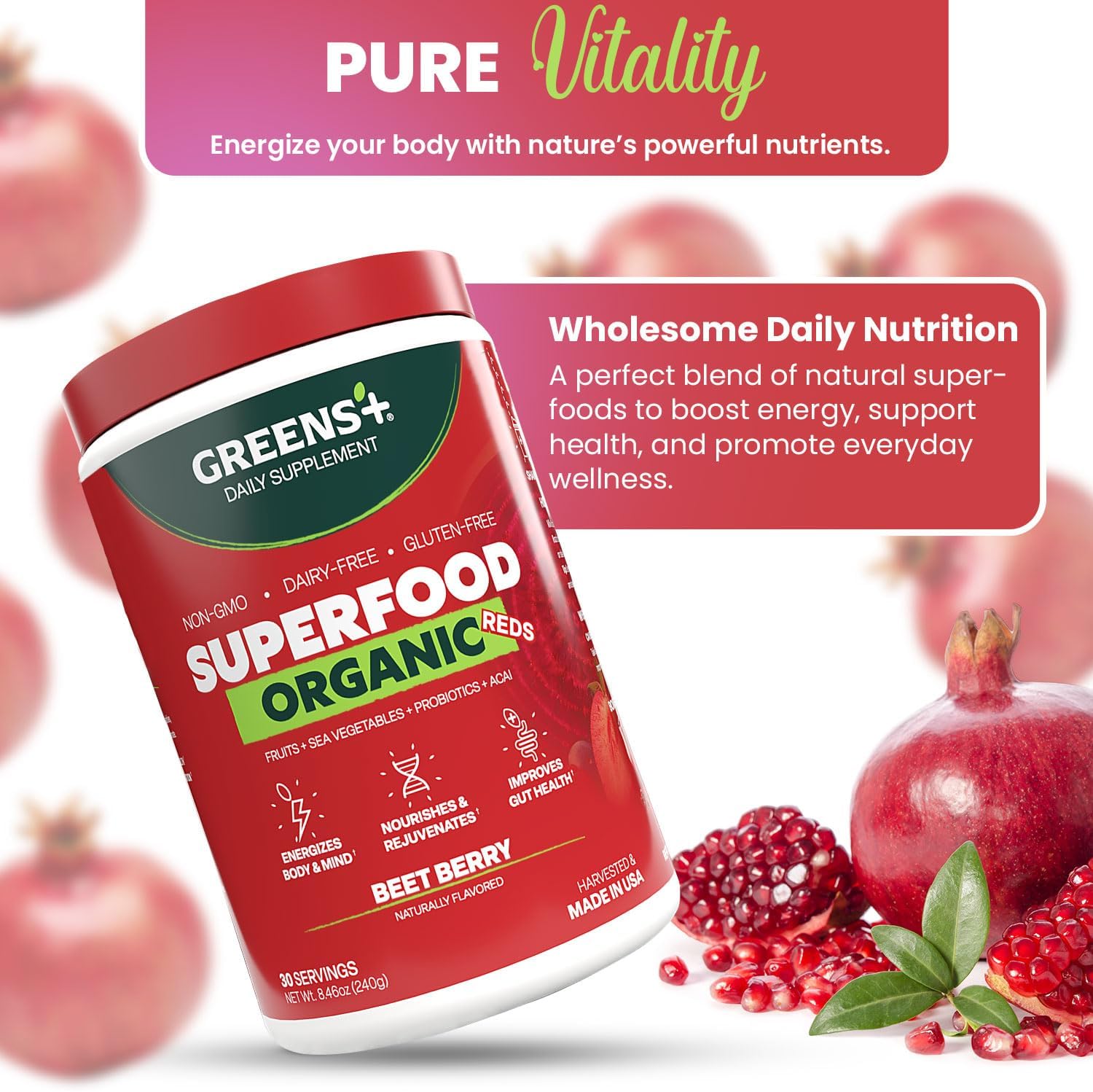 Greens+ Organic Reds Superfood Powder - Mezcla de Superalimentos Rojos Ecológicos, Antioxidantes, Vegano, Sin Gluten (240g)