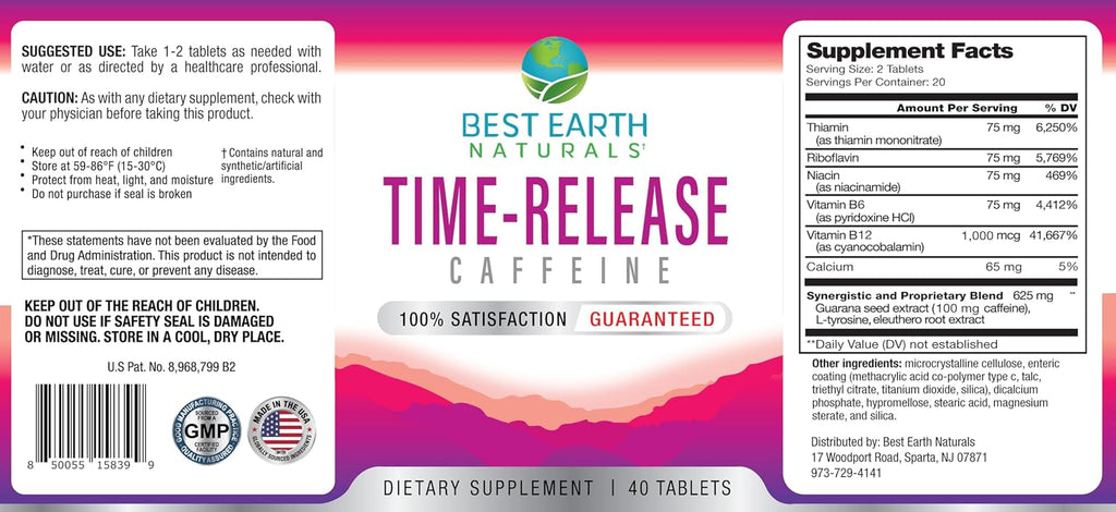 Best Earth Naturals Time Release Caffeine with L-Tyrosine, Vitamin B6, Vitamin B12, Thiamin & More - Suplemento Energético - 40 Comprimidos