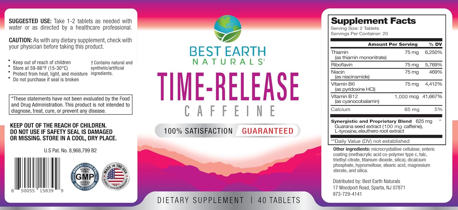 Best Earth Naturals Time Release Caffeine with L-Tyrosine, Vitamin B6, Vitamin B12, Thiamin & More - Suplemento Energético - 40 Comprimidos