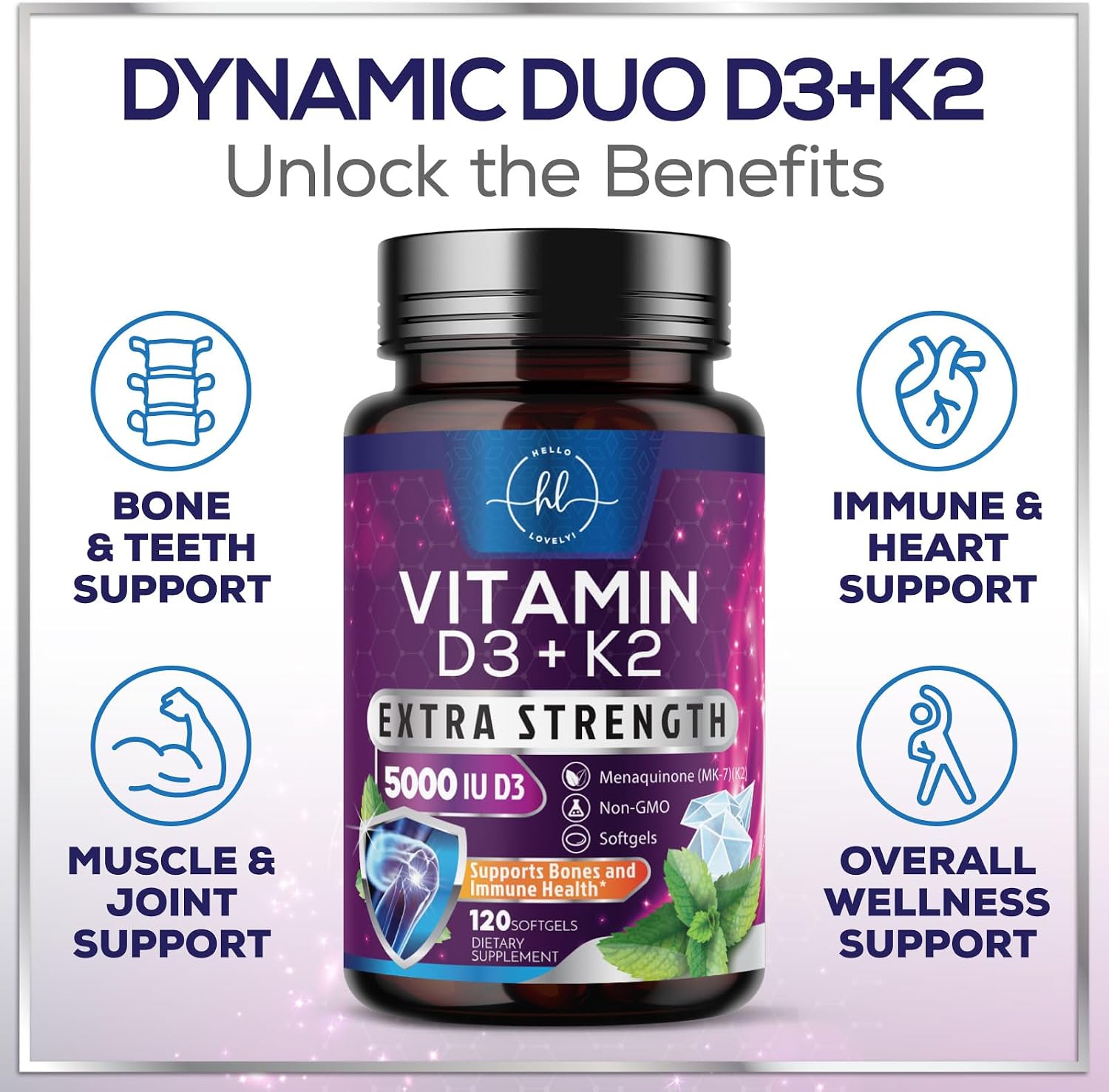 Vitamina D3 5000 IU con K2 MK-7 – 240 Cápsulas Blandas – Hello Lovely!