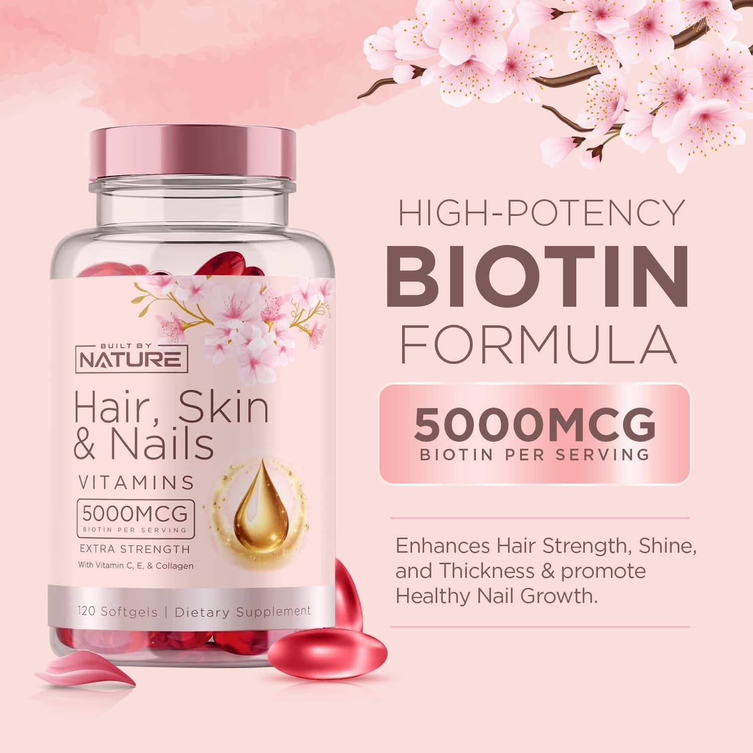 Built by Nature Vitaminas para Cabello, Piel y Uñas, 120 Cápsulas Blandas
