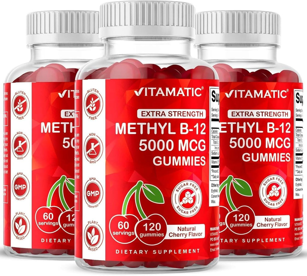Vitamatic Vitamina B12 5000 mcg (Metilcobalamina) Gomitas - 120 unidades - Sabor Cereza Natural