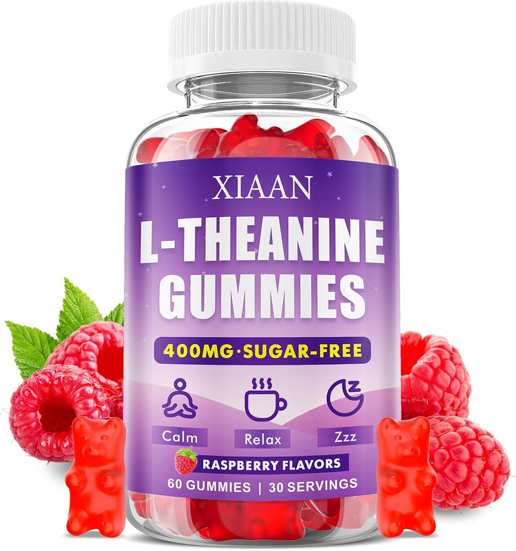 XIAAN Gominolas de L-Teanina 400mg para Calma y Relajación, Vegano, Orgánico, Sabor Frambuesa, 60 unidades