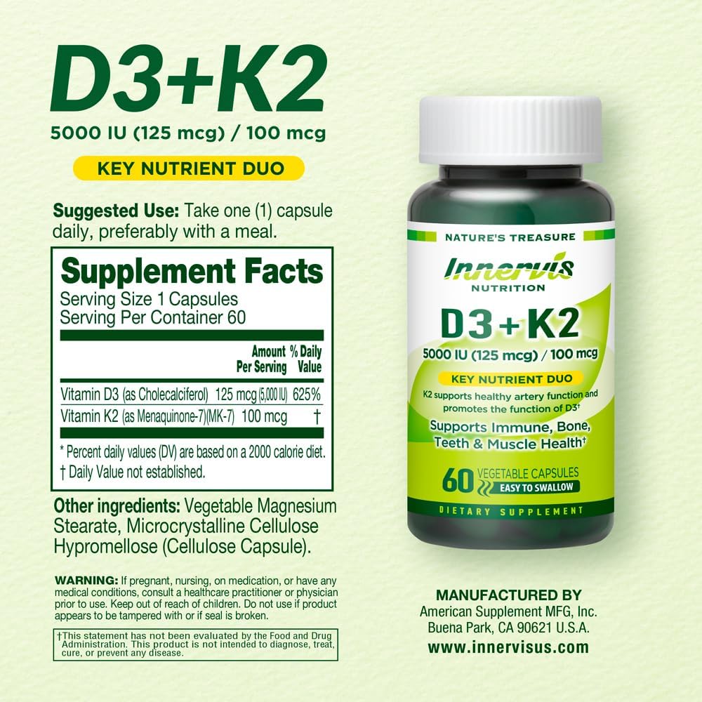 INNERVISNUTRITION Vitamina D3 5000 UI + K2 MK-7 100 mcg – Apoyo óseo, cardíaco e inmunológico, 60 cápsulas