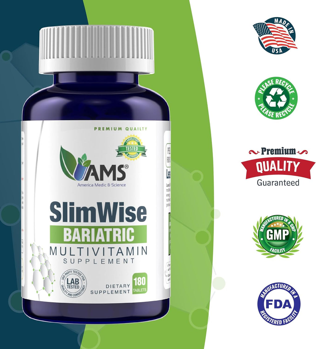 America Medic & Science SlimWise Bariatric Multivitamin 180 Caplets | 2 Meses de Suministro | Post Bypass Gástrico