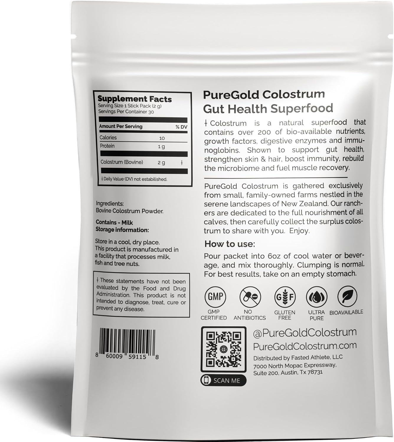 PureGold - Calostro Bovino en Polvo - 100% Puro de Nueva Zelanda, 30 Sobres Individuales