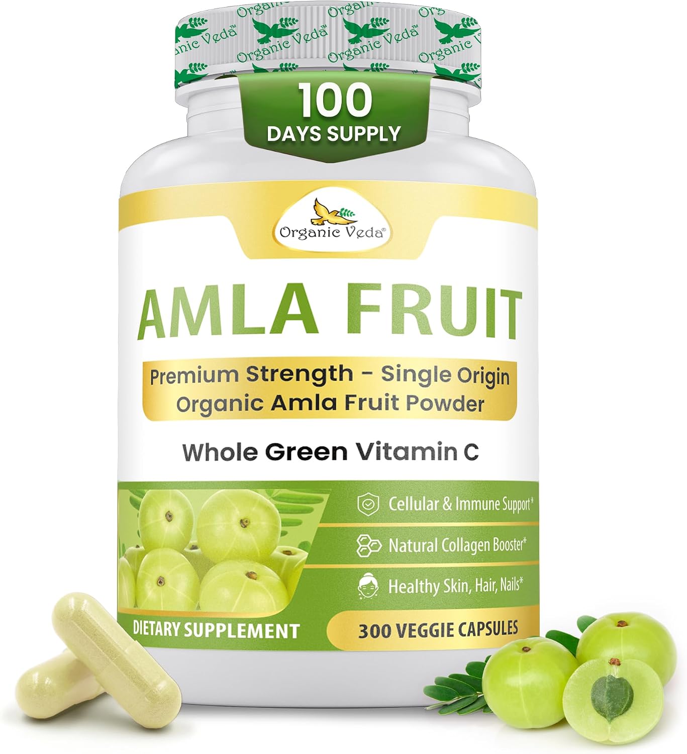 Organic Veda Amla Cápsulas - 1500mg, 300 Cápsulas - Suplemento Natural de Vitamina C con Antioxidantes