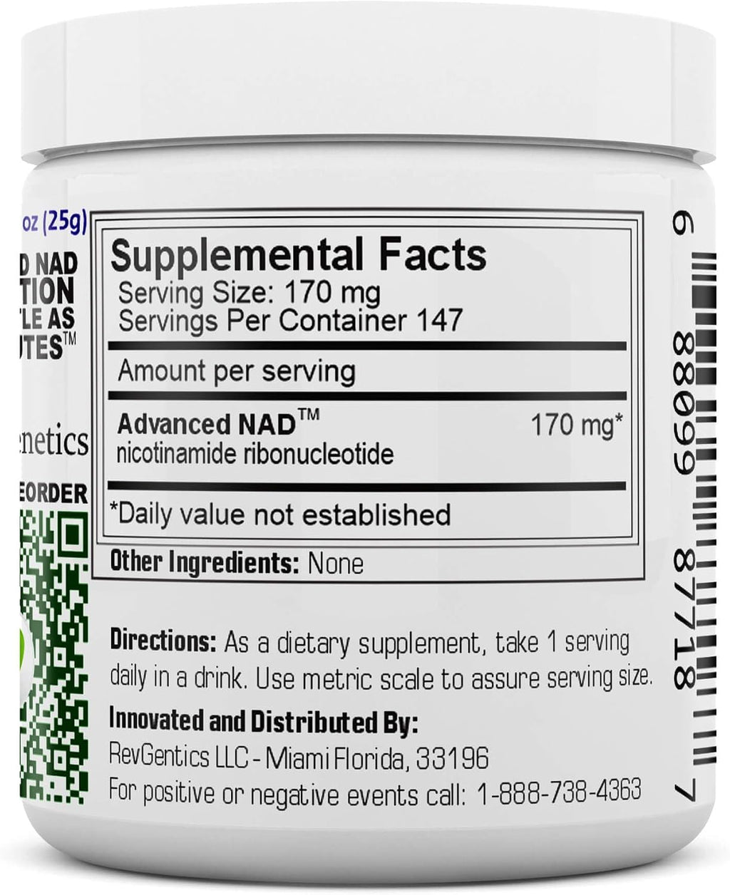 REVGENETICS Advanced NAD Powder – Suplemento de NAD, 147 porciones, 25 gramos