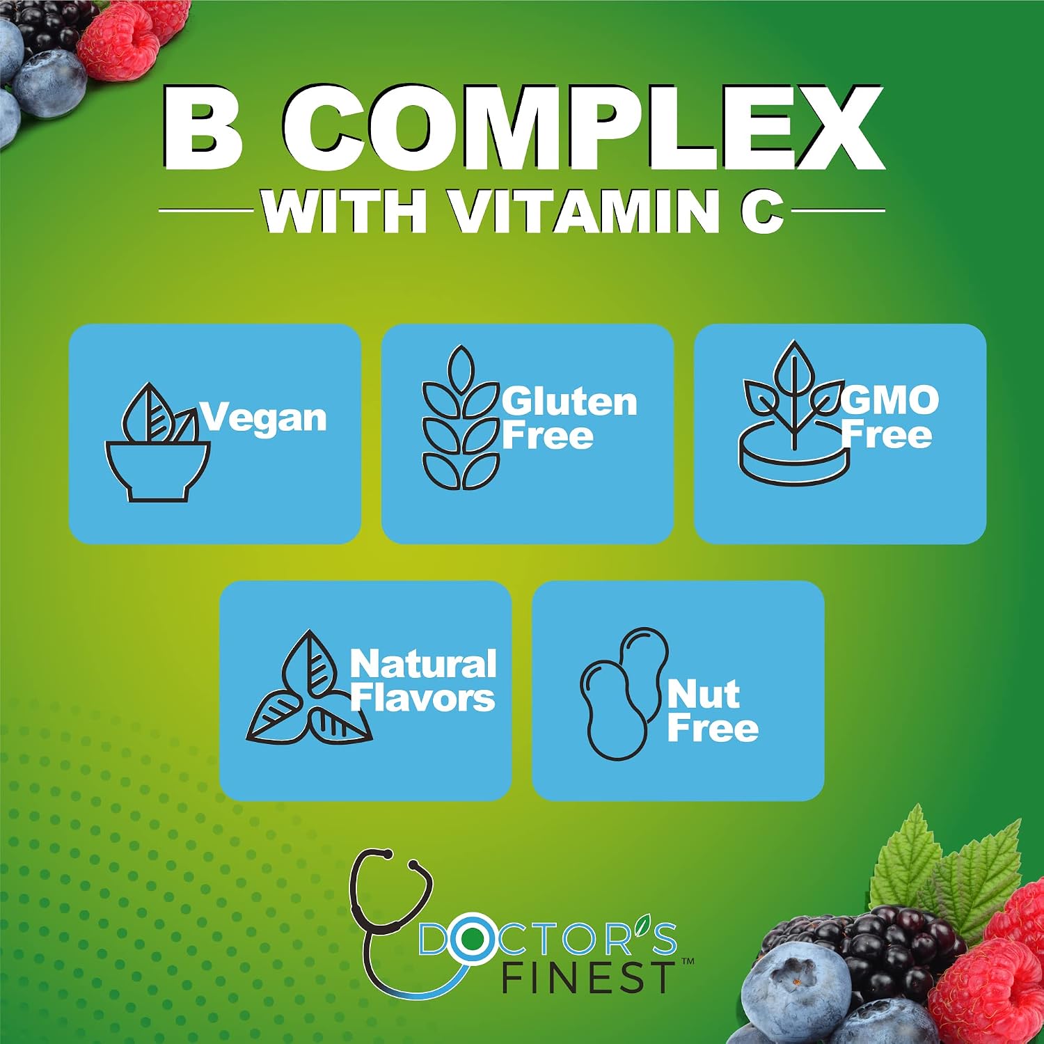 Doctors Finest Complejo B Gomitas Veganas - Sabor Fresa Natural - 90 Gomitas
