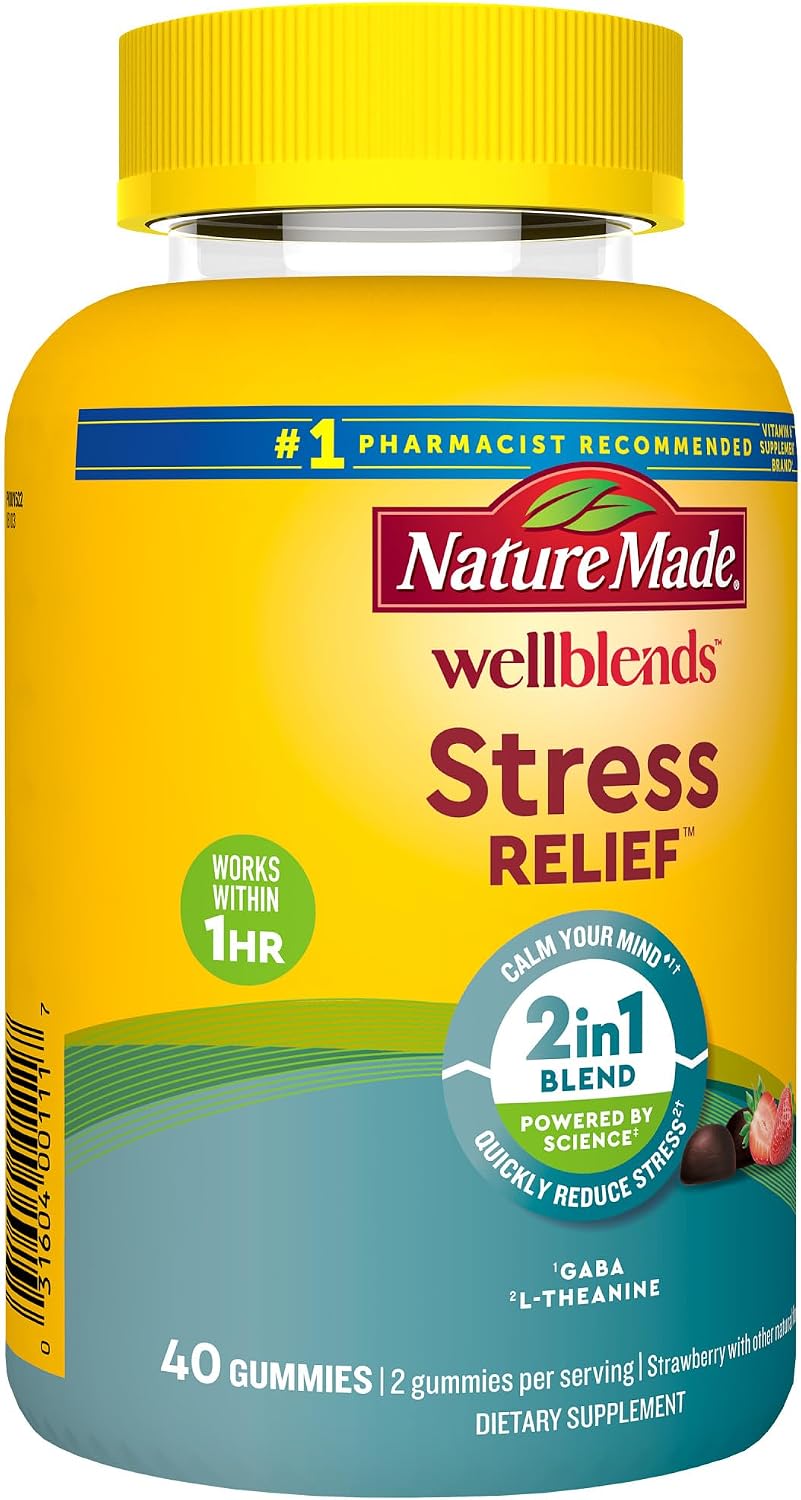 Nature Made Wellblends Stress Relief Gummies, L-teanina 200 mg y GABA 100 mg, 40 gomitas sabor fresa