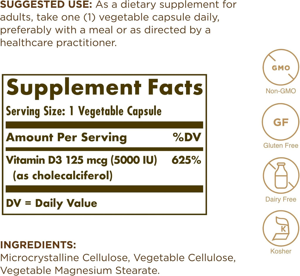 Solgar Vitamina D3 (Colecalciferol) 125 mcg (5000 UI), 60 Cápsulas Vegetales