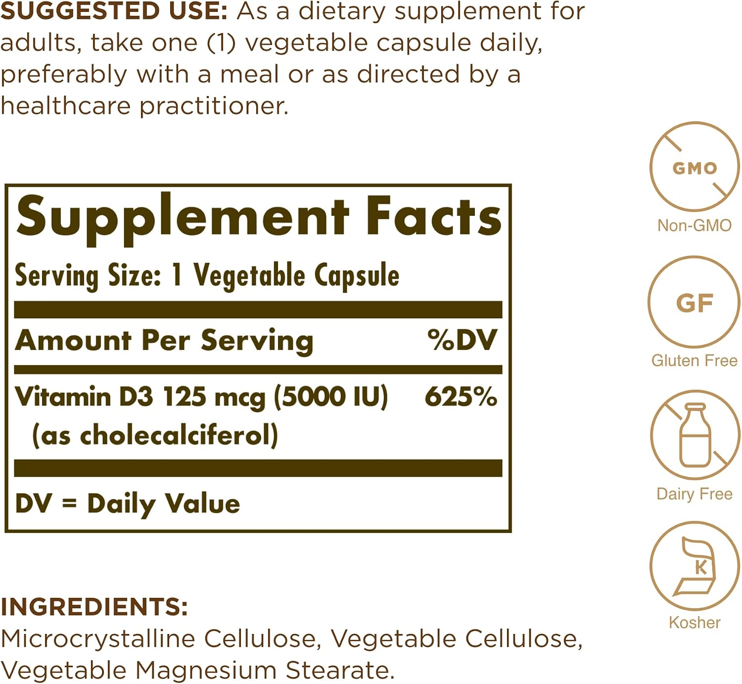 Solgar Vitamina D3 (Colecalciferol) 125 mcg (5000 UI), 60 Cápsulas Vegetales