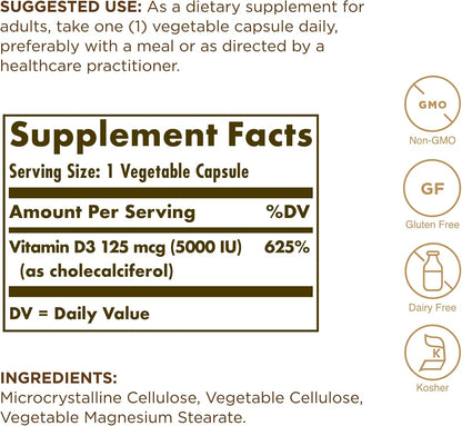 Solgar Vitamina D3 (Colecalciferol) 125 mcg – El mantenimiento de los niveles normales de calcio en sangre. – Image 2